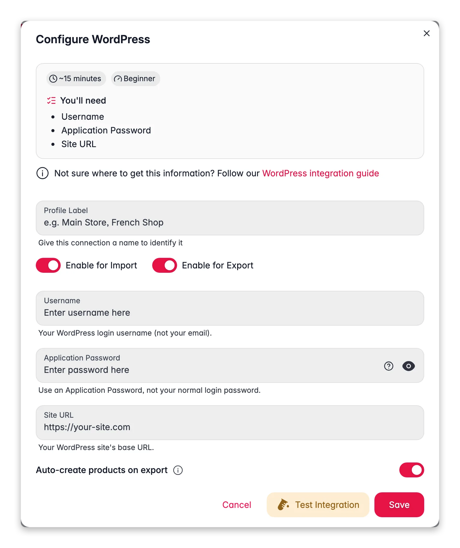 Connecting WordPress to WISEPIM, username, application password, site URL and a live connection test
