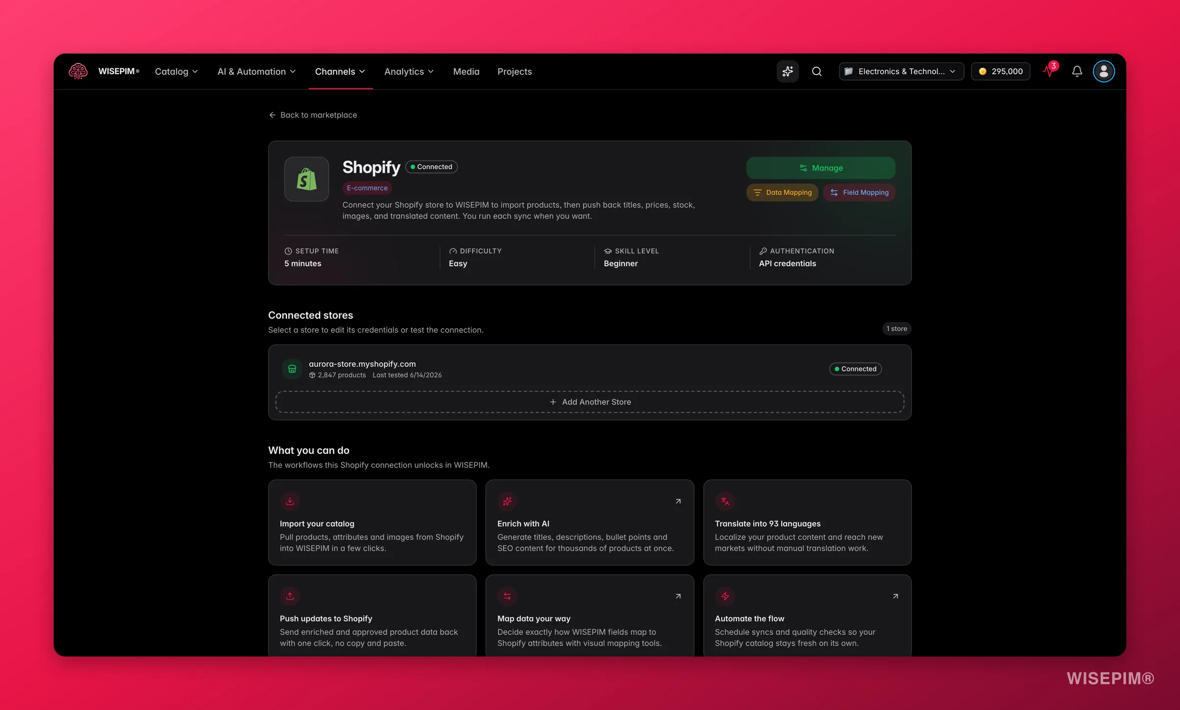 WISEPIM app marketplace detail page for the Shopify integration with capabilities, setup info and connected stores