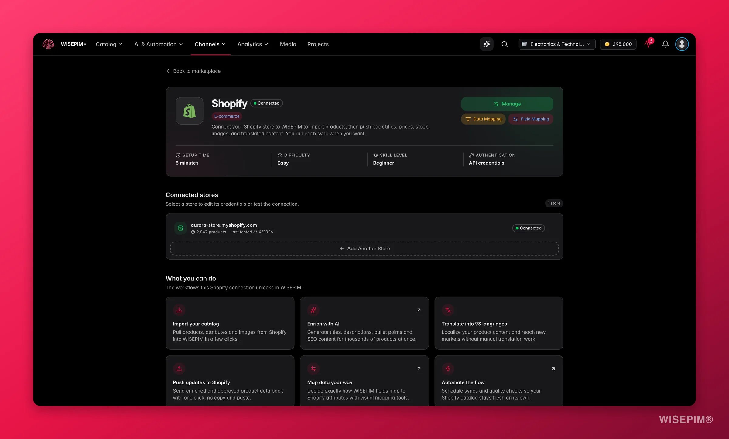 WISEPIM app marketplace detail page for the Shopify integration with capabilities, setup info and connected stores