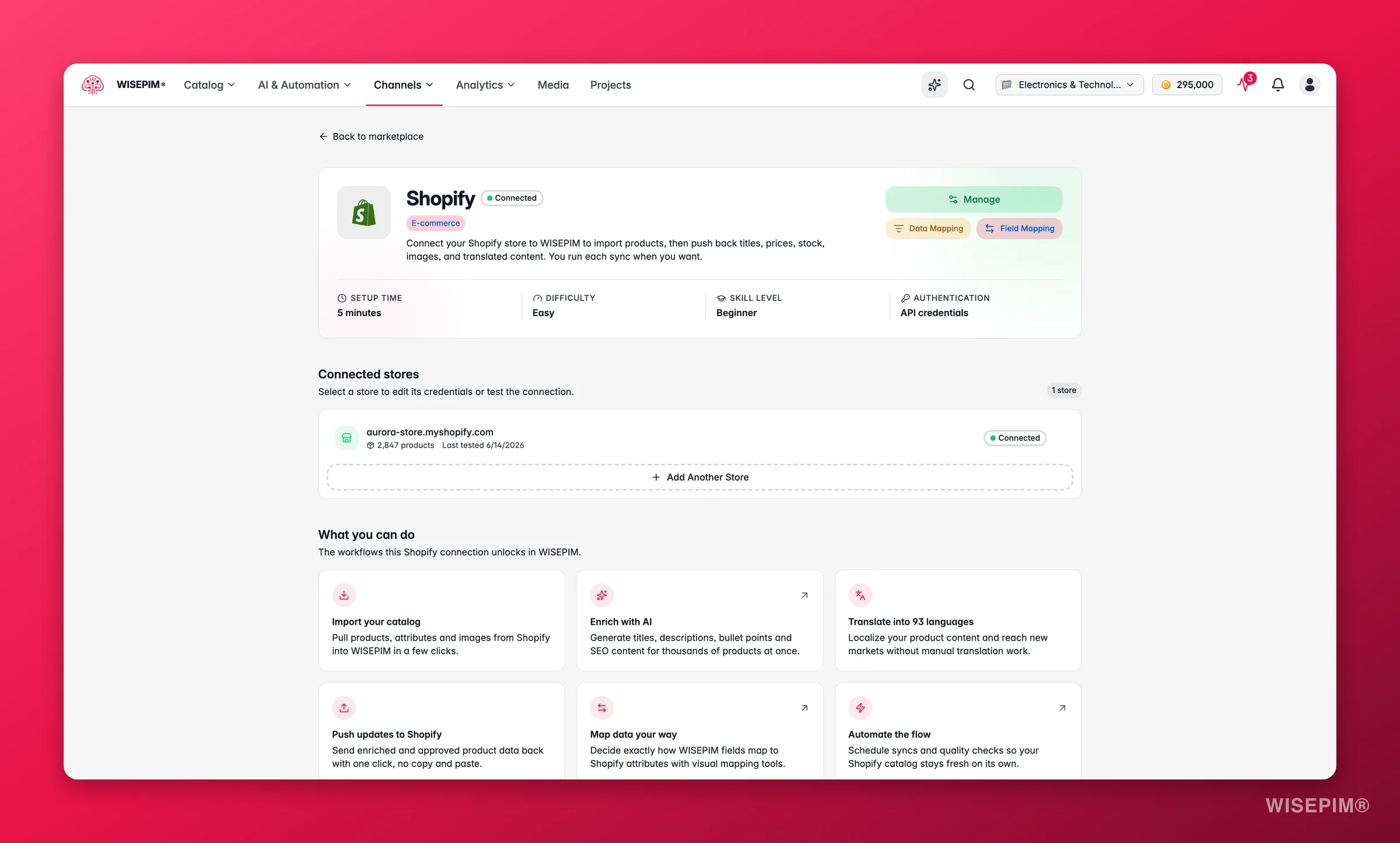 WISEPIM app marketplace detail page for the Shopify integration with capabilities, setup info and connected stores