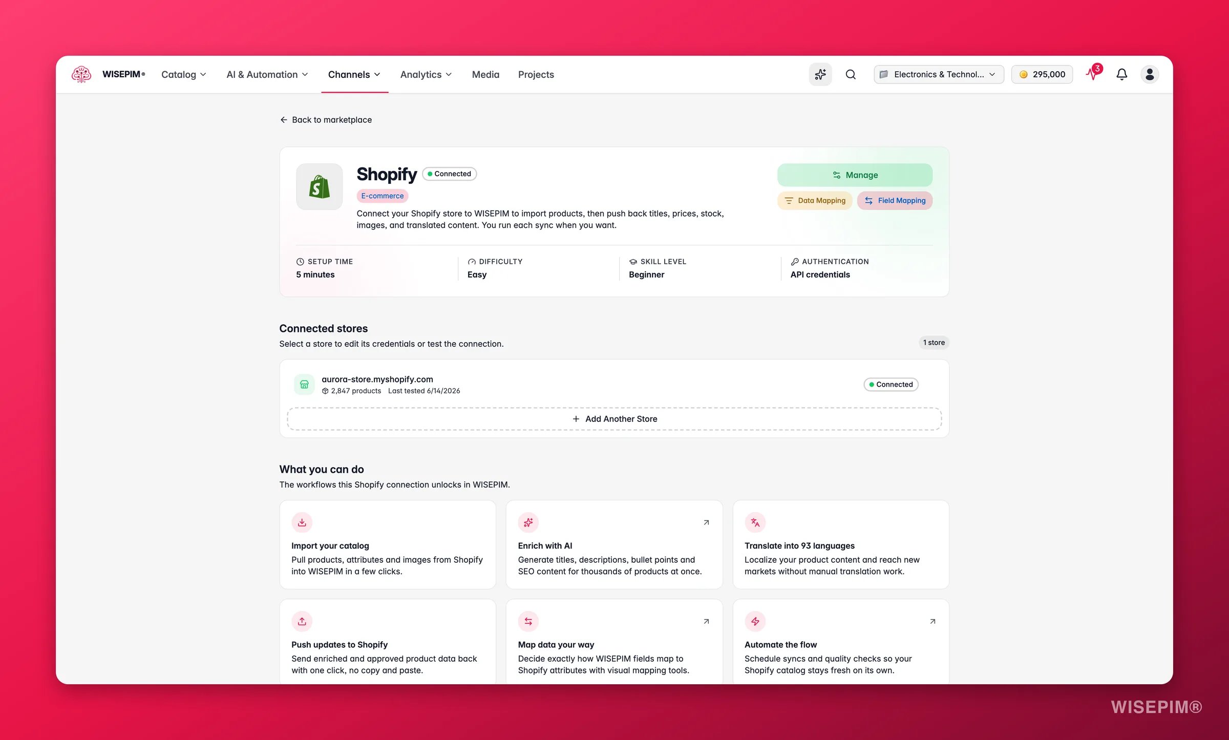 WISEPIM app marketplace detail page for the Shopify integration with capabilities, setup info and connected stores