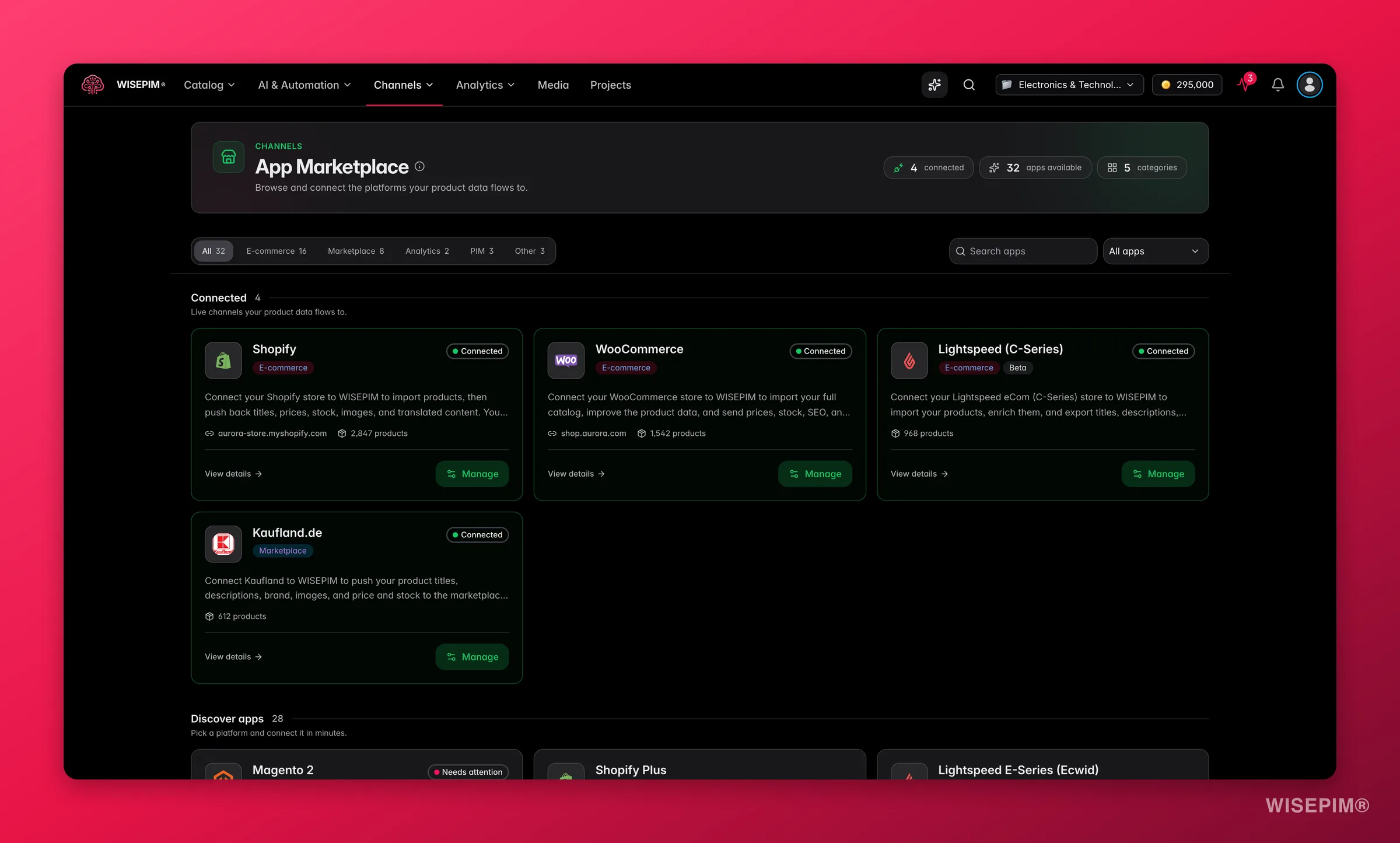 WISEPIM app marketplace with search and category filters for Shopify, Amazon, WooCommerce and more