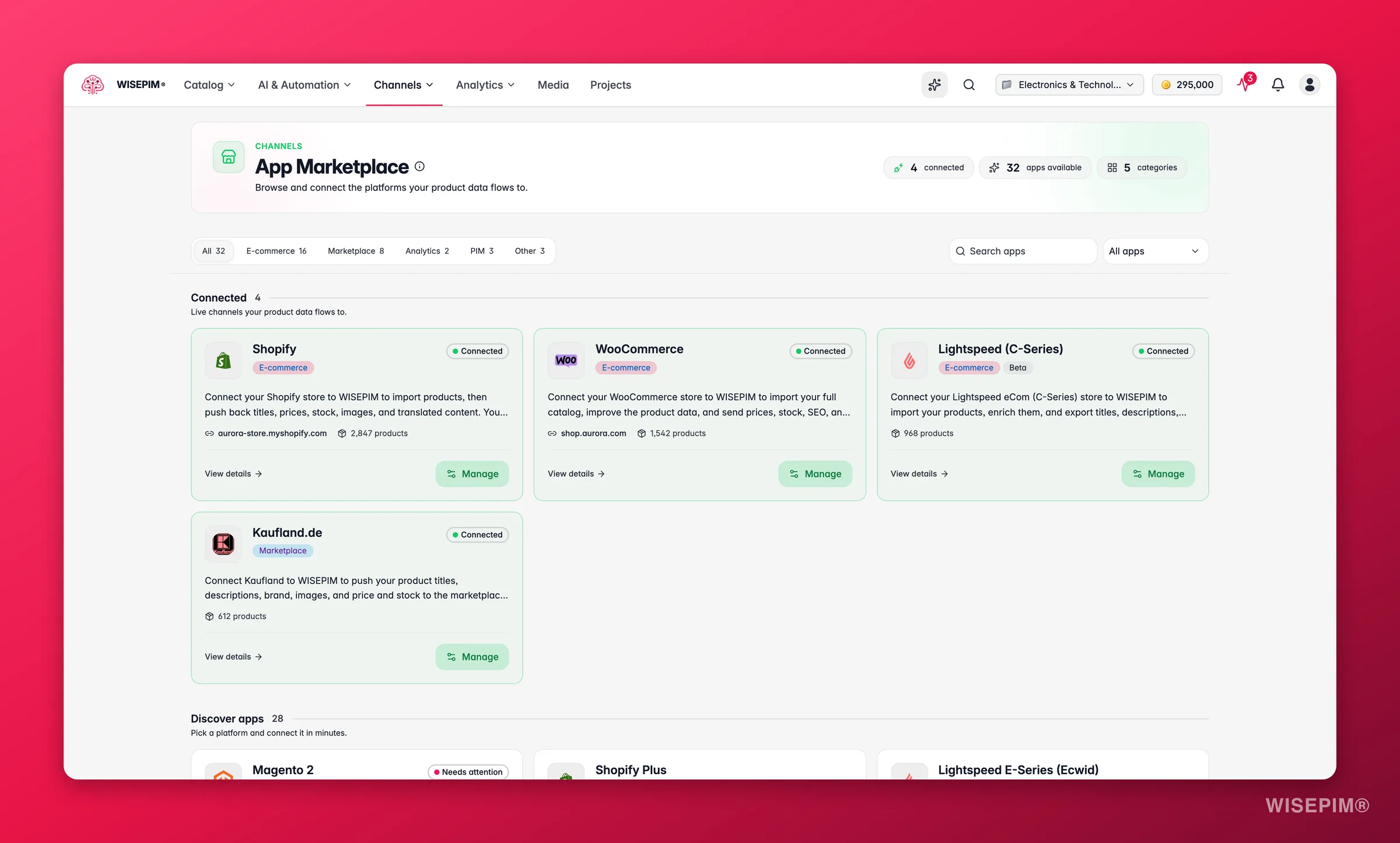 WISEPIM app marketplace with search and category filters for Shopify, Amazon, WooCommerce and more