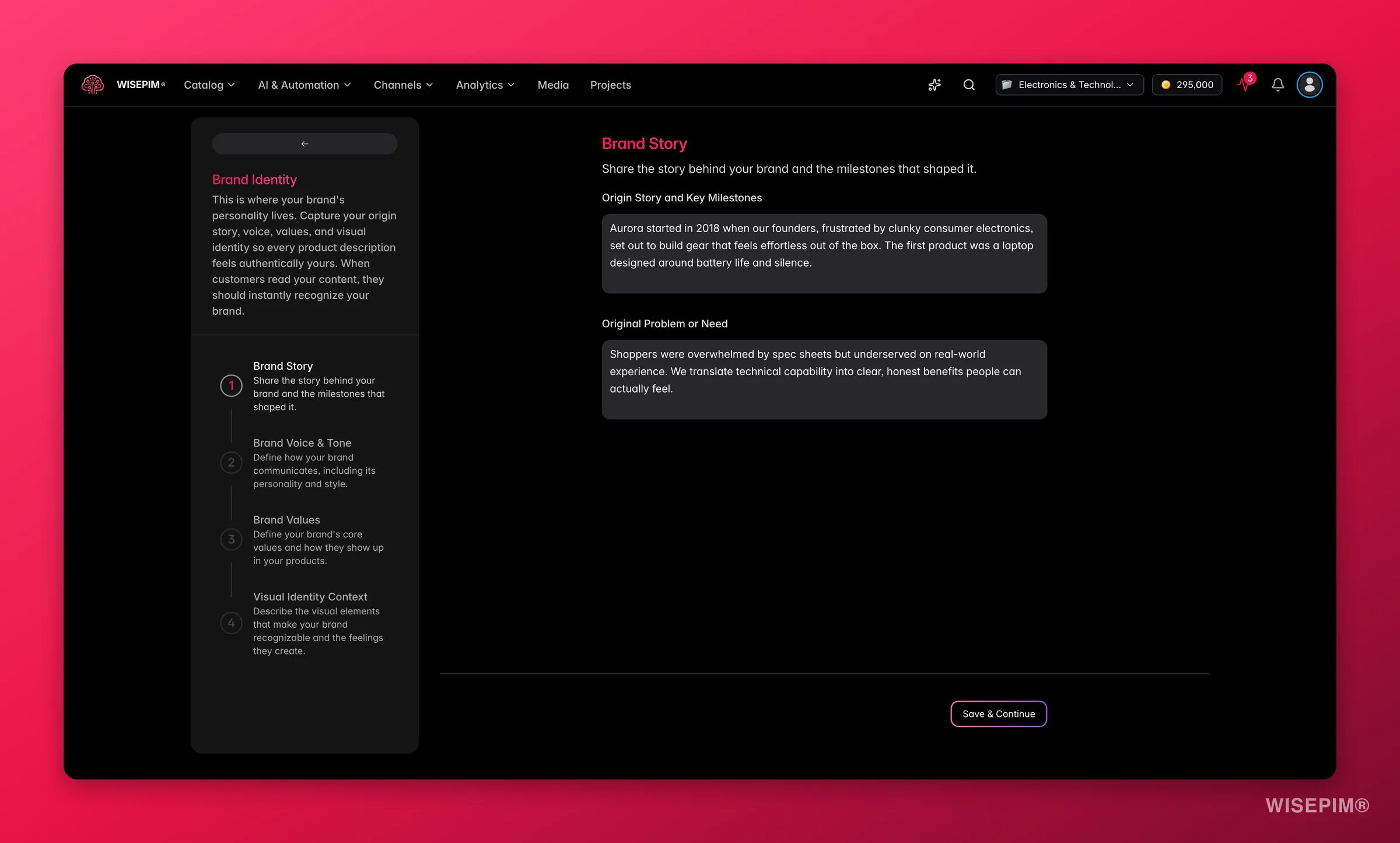 WISEPIM knowledge library brand-identity form capturing brand story, voice and values for grounded AI