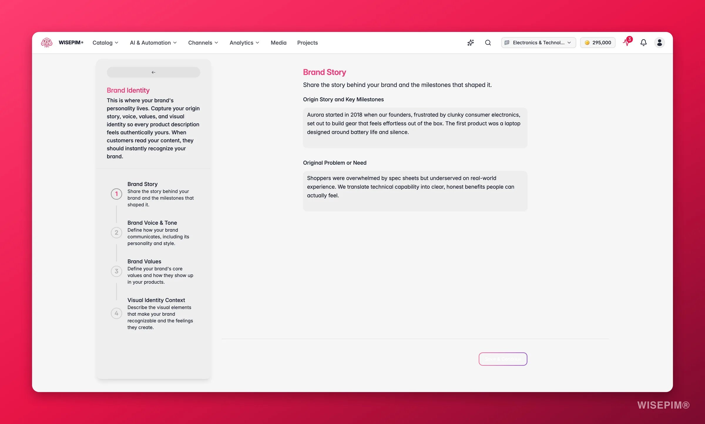 WISEPIM knowledge library brand-identity form capturing brand story, voice and values for grounded AI