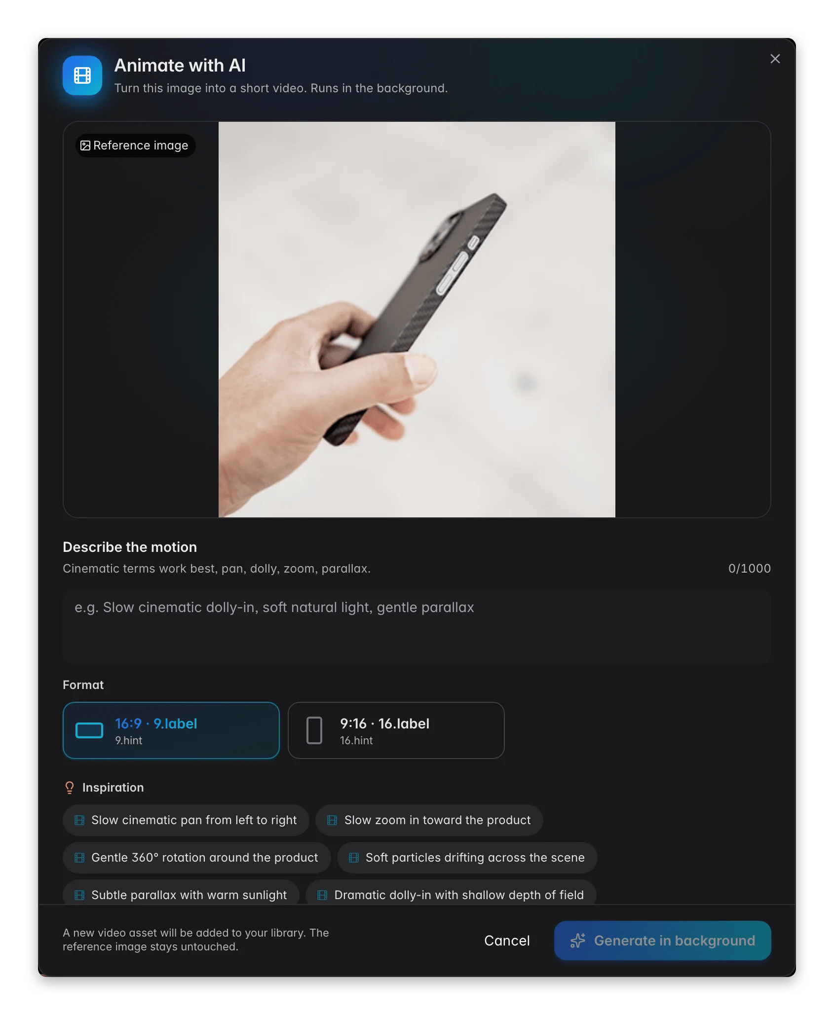 Animating a product image into a short video with AI in WISEPIM