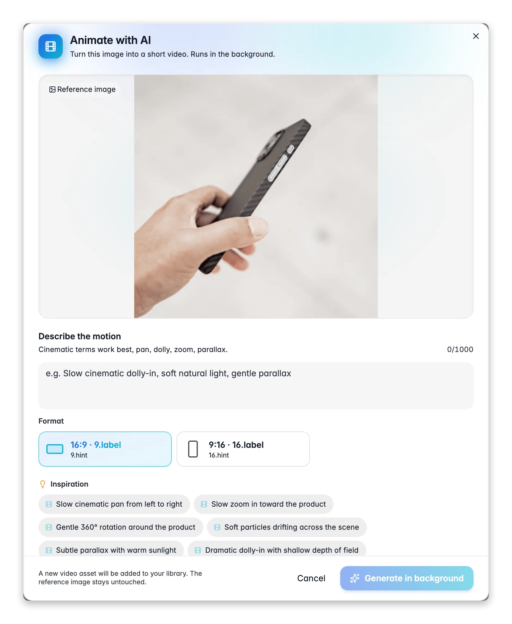 Animating a product image into a short video with AI in WISEPIM