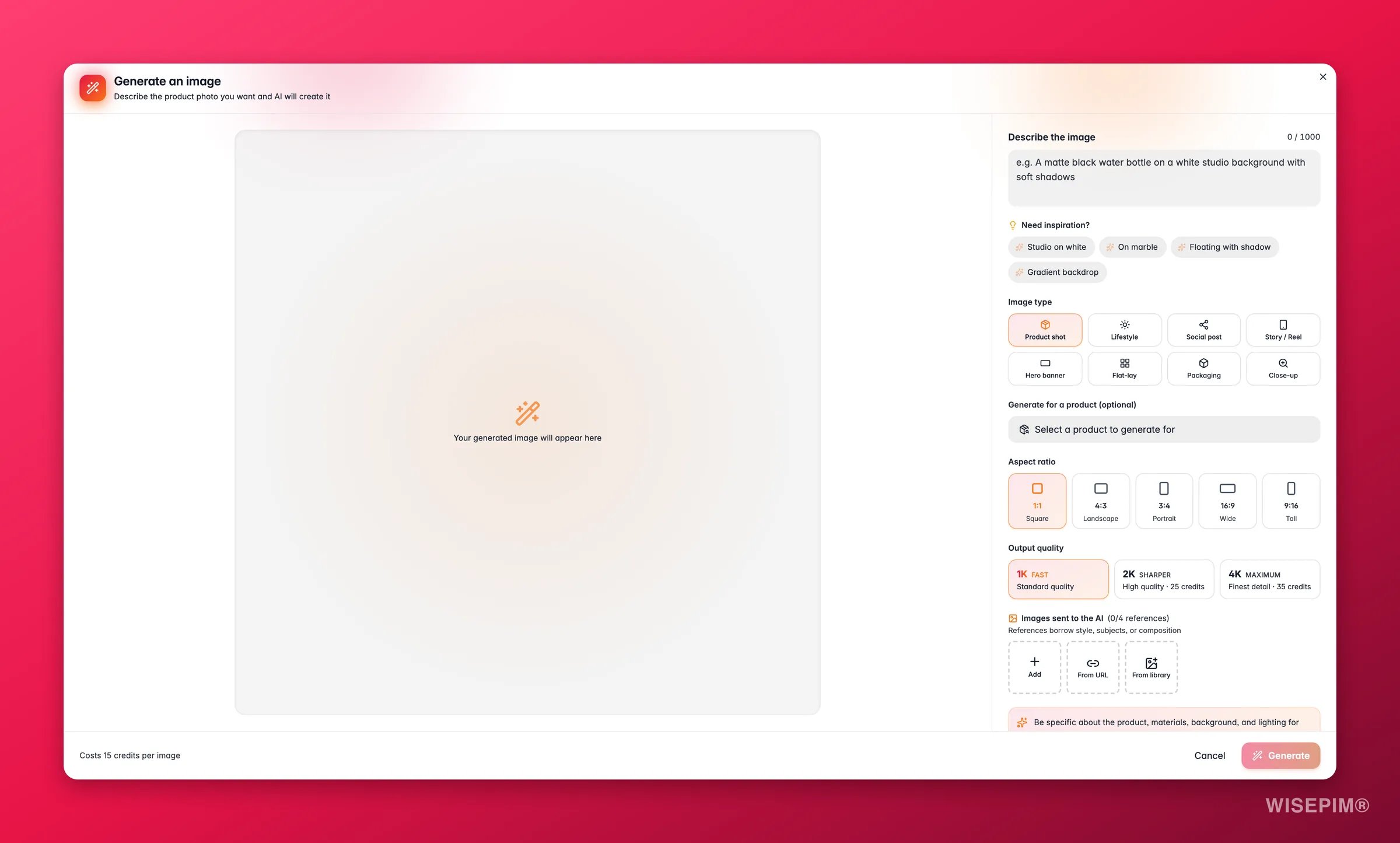 Ein Produktbild in WISEPIM von Grund auf mit AI generieren: Textprompt, Seitenverhältnis und Ausgabequalität