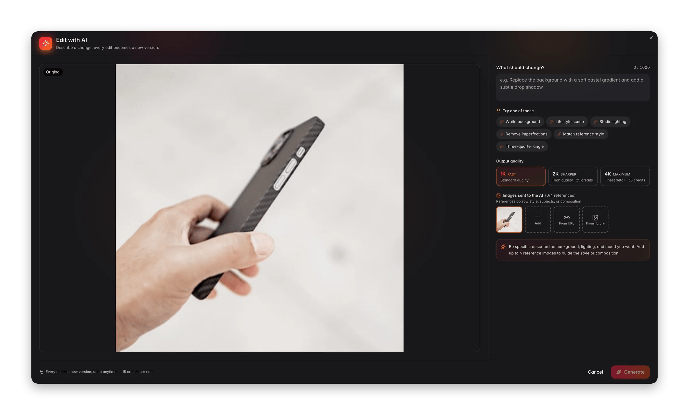 Editing a product image with AI in WISEPIM, with prompt, reference images and output quality