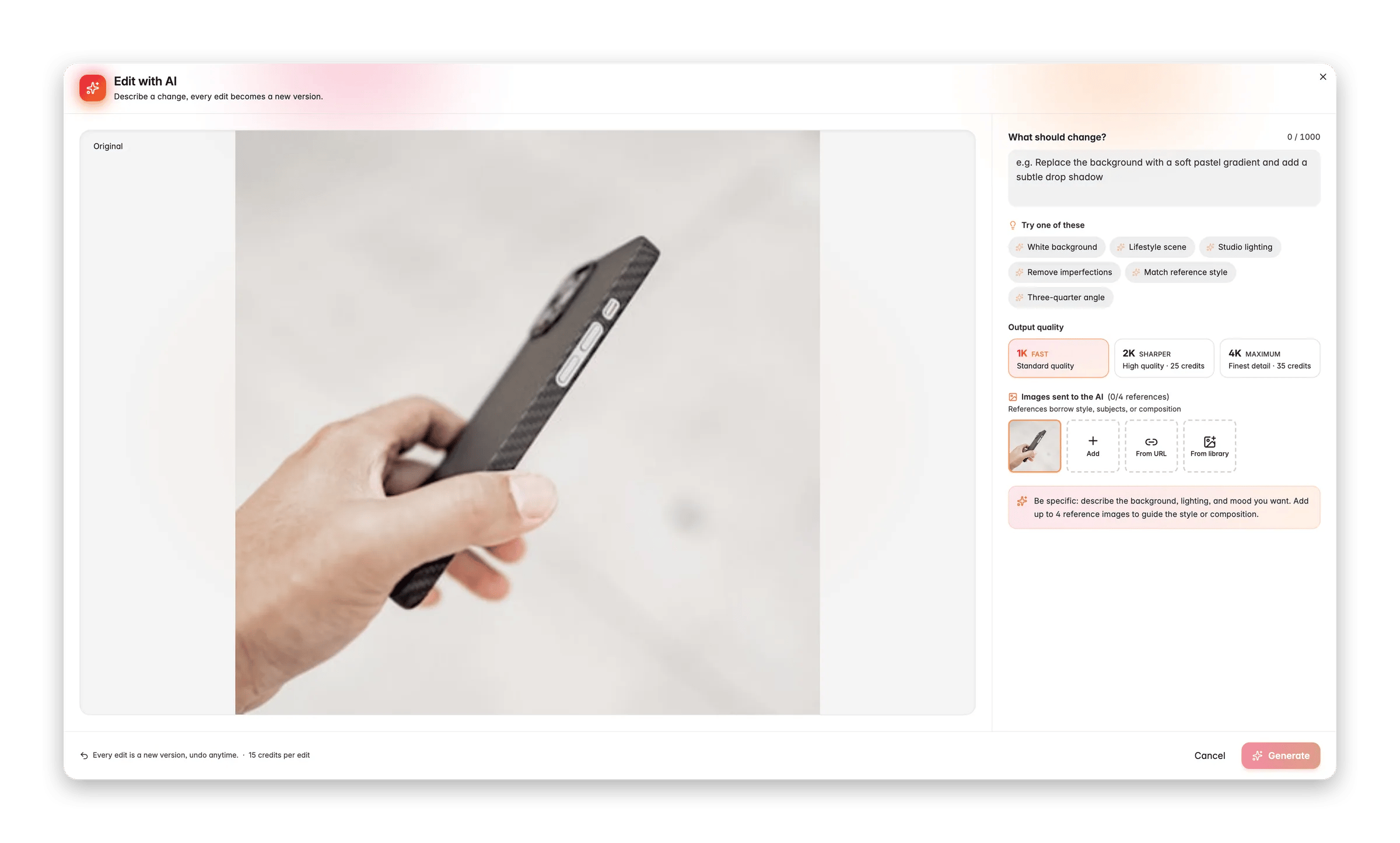Editing a product image with AI in WISEPIM, with prompt, reference images and output quality