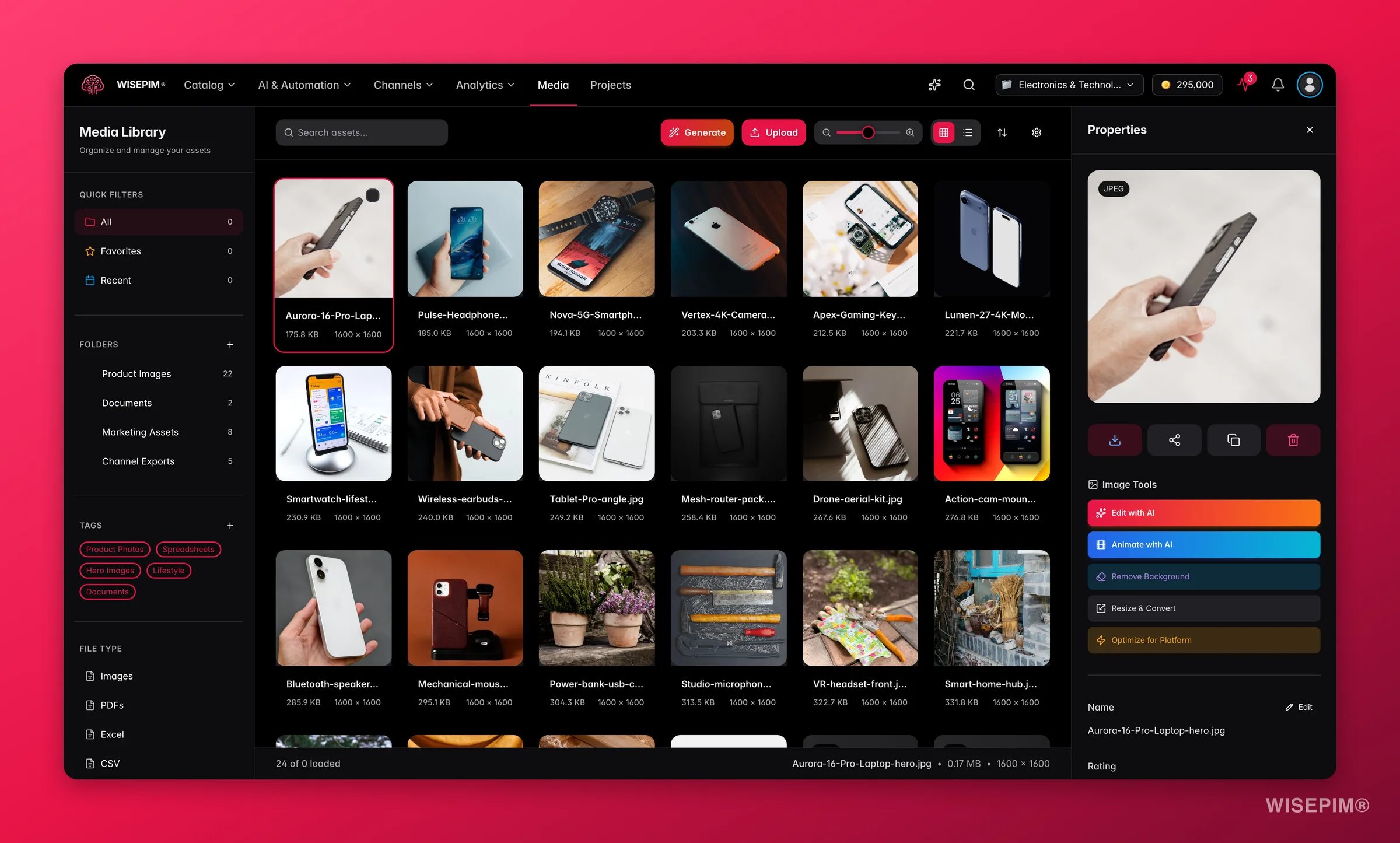 WISEPIM media asset detail panel with AI image tools, variants, tags and linked products