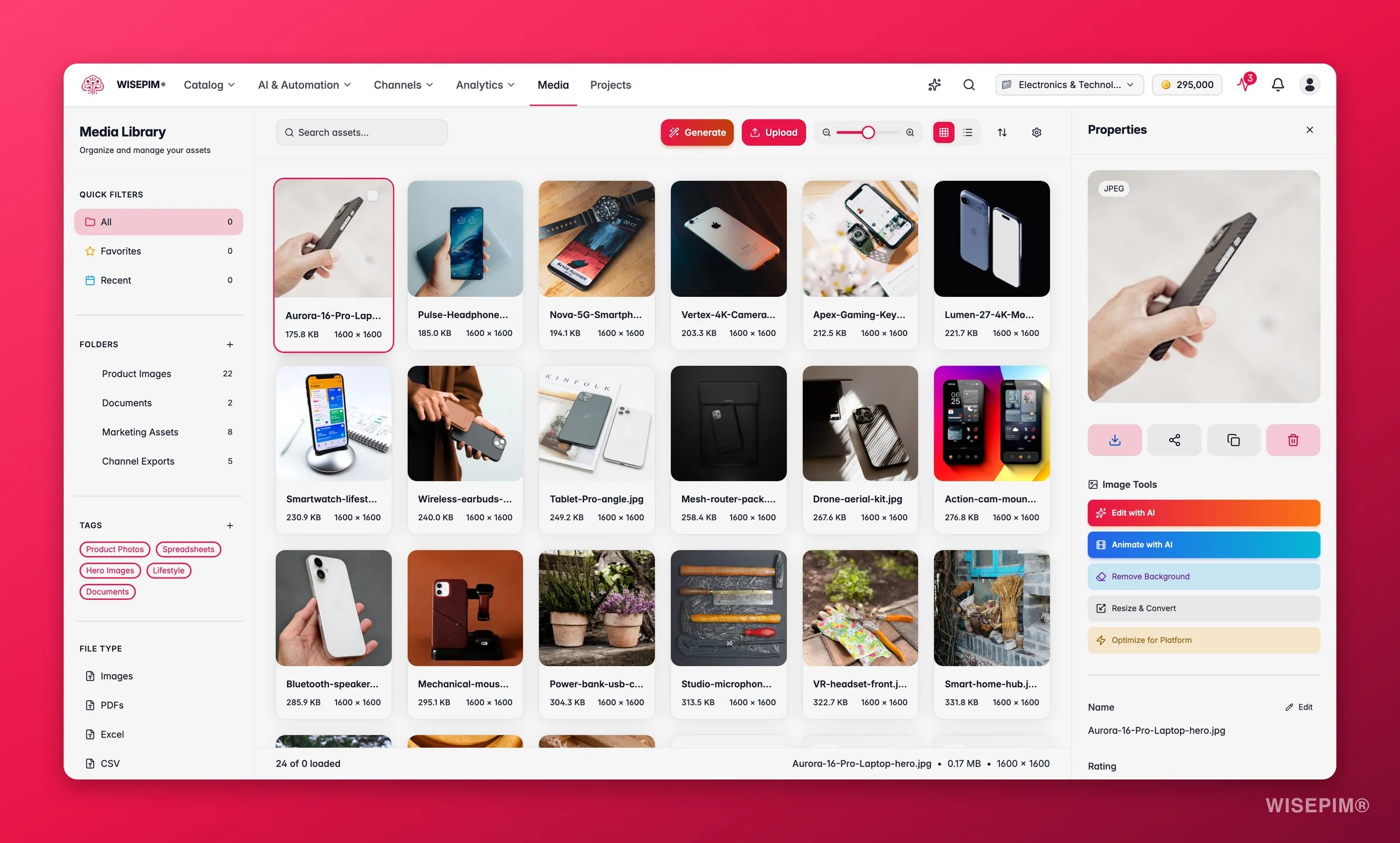 WISEPIM media asset detail panel with AI image tools, variants, tags and linked products