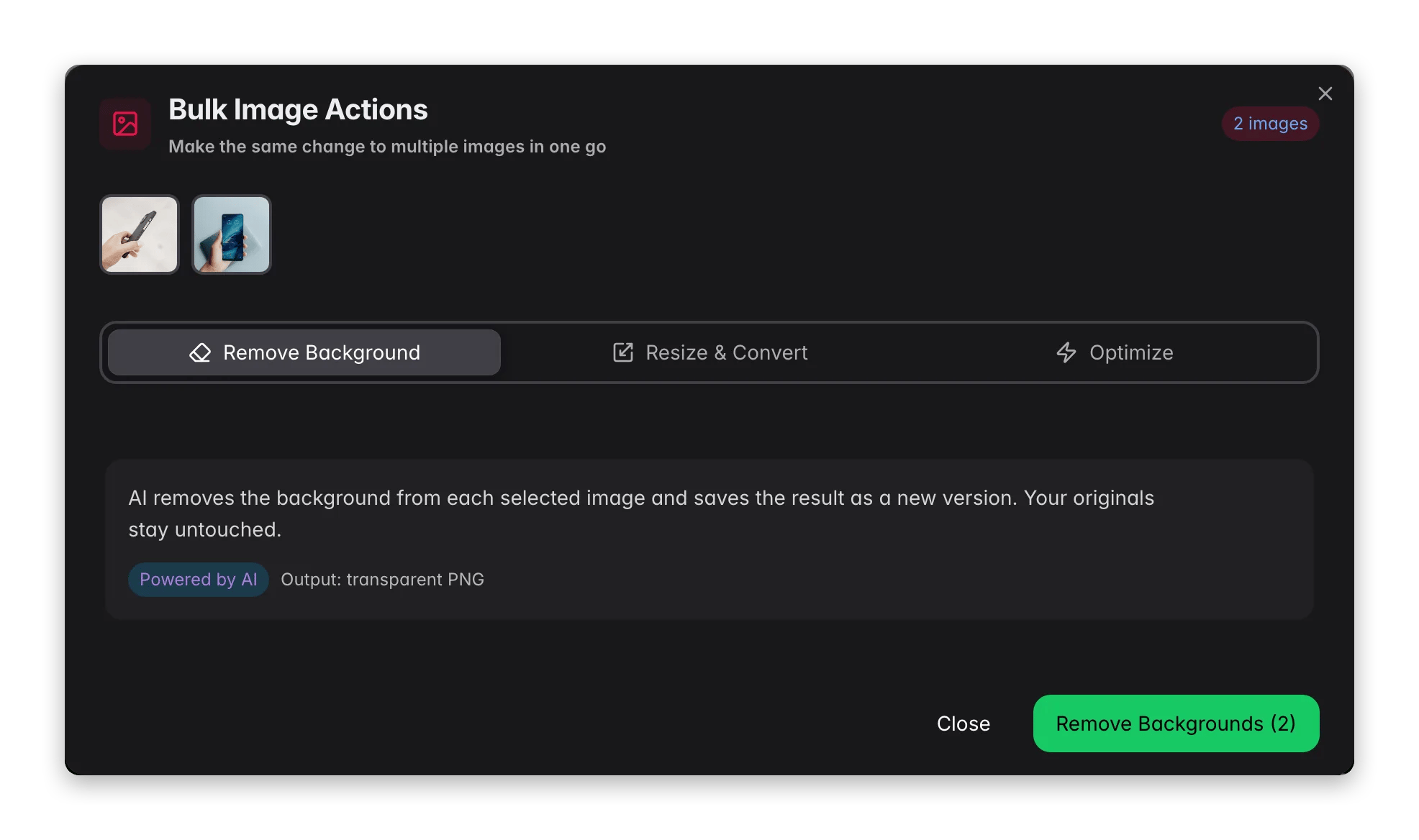 Bulk image tools in WISEPIM, removing backgrounds, resizing and optimizing many product images at once