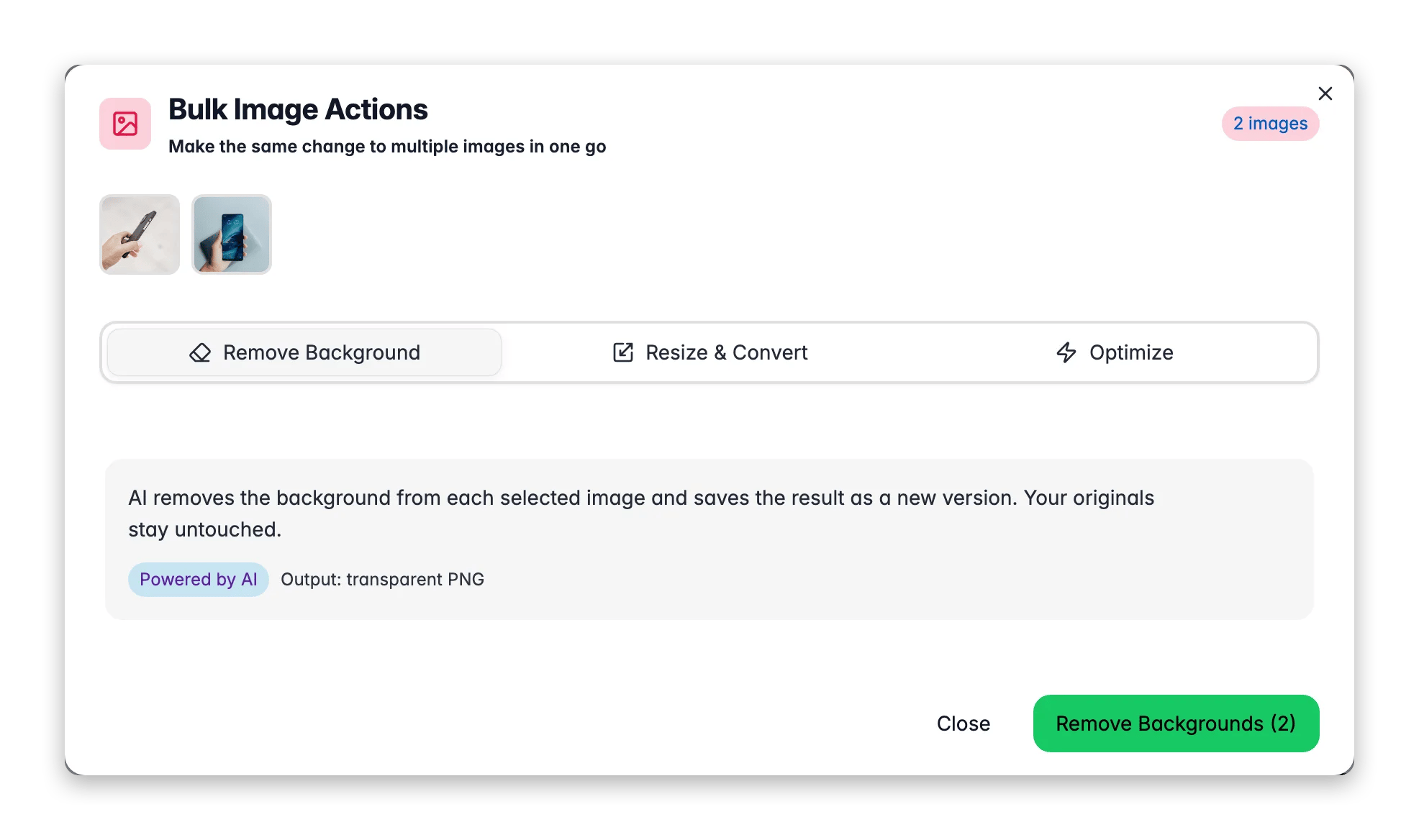 Bulk image tools in WISEPIM, removing backgrounds, resizing and optimizing many product images at once