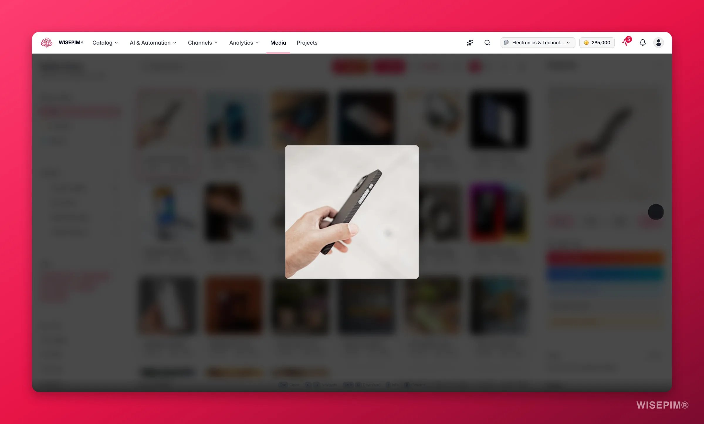 WISEPIM media lightbox, a full-screen overlay to zoom and rotate a product image