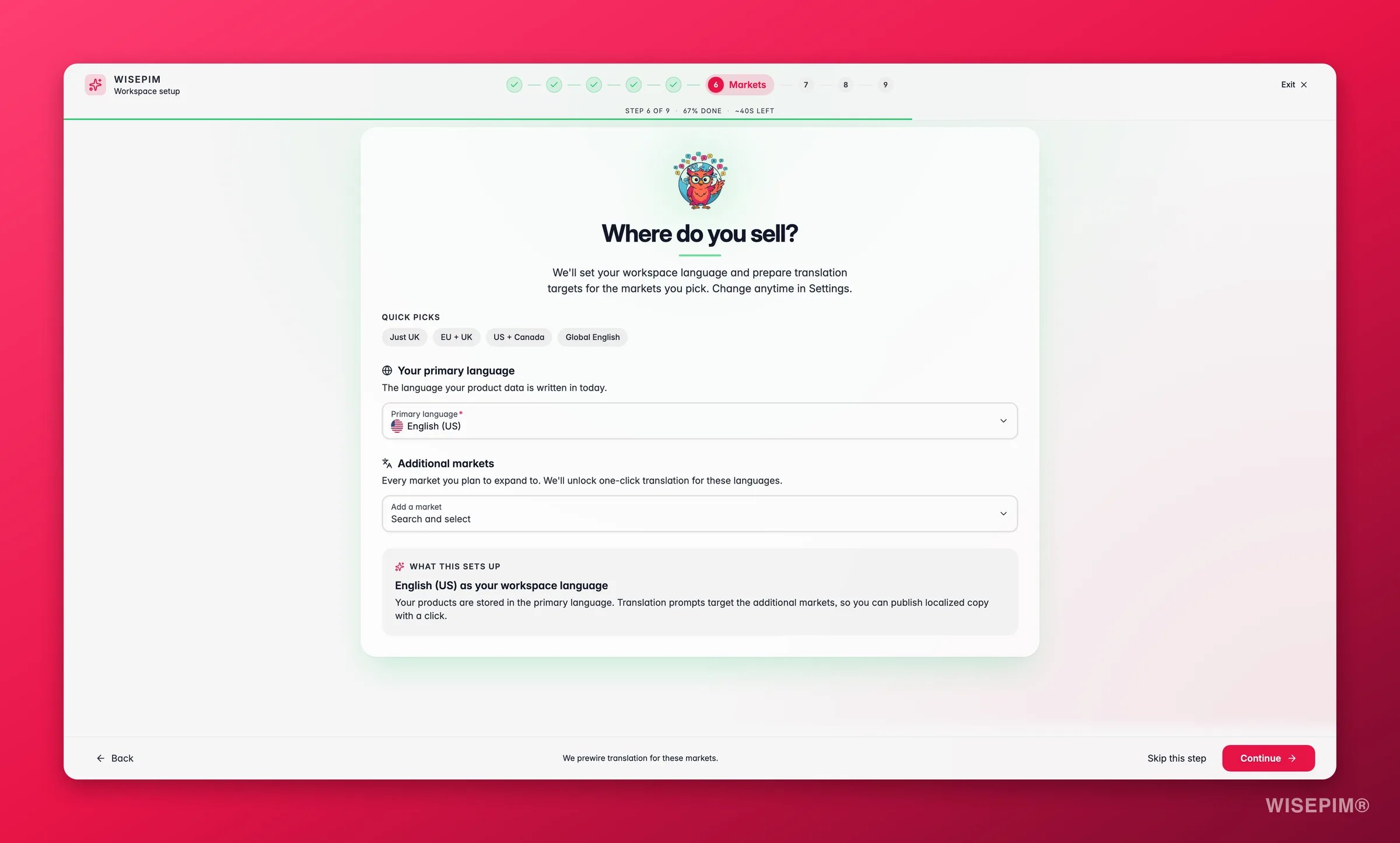 WISEPIM onboarding markets step selecting primary and additional locales