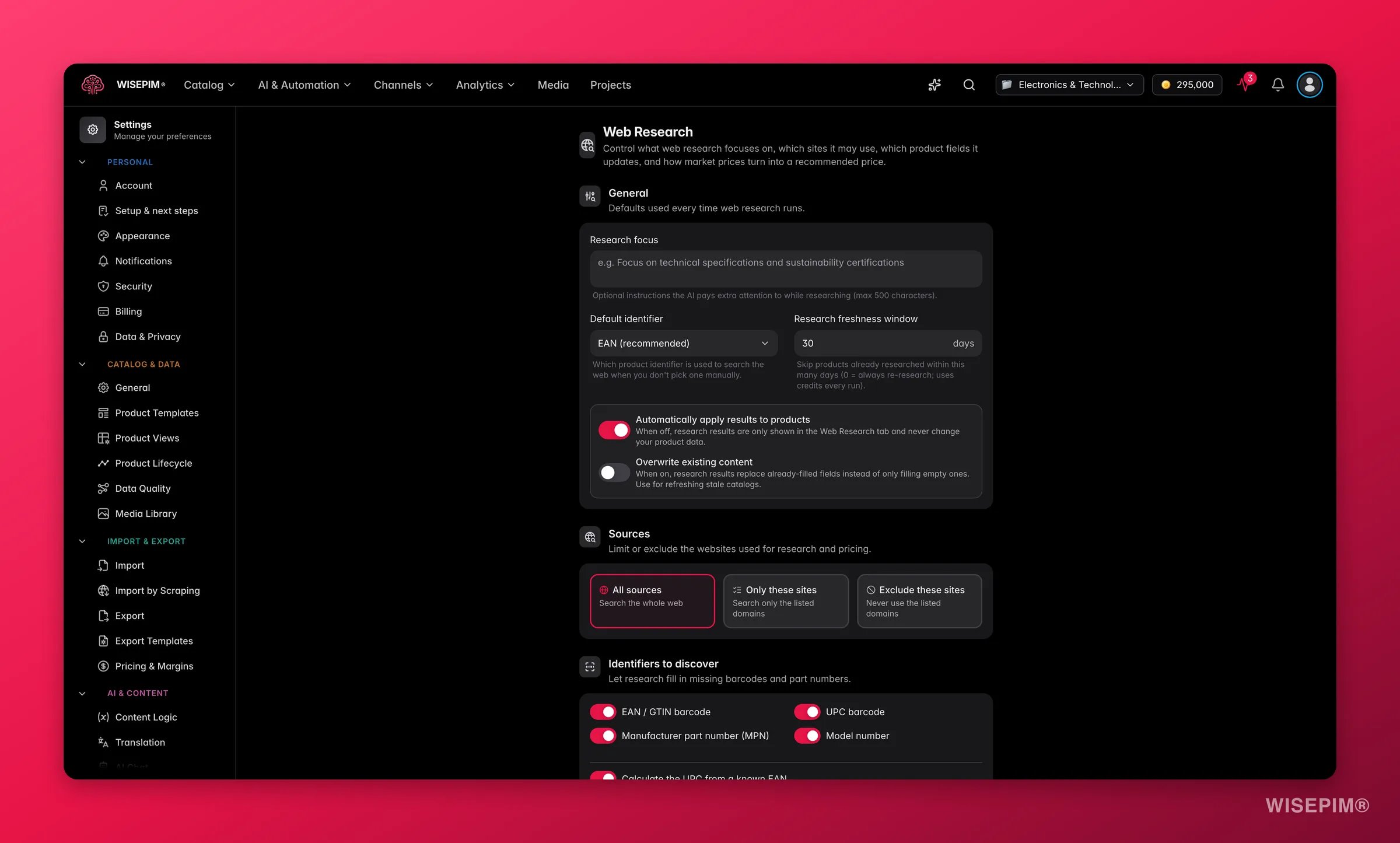 WISEPIM web research settings - research focus, allowed sources, fields to update and pricing strategy