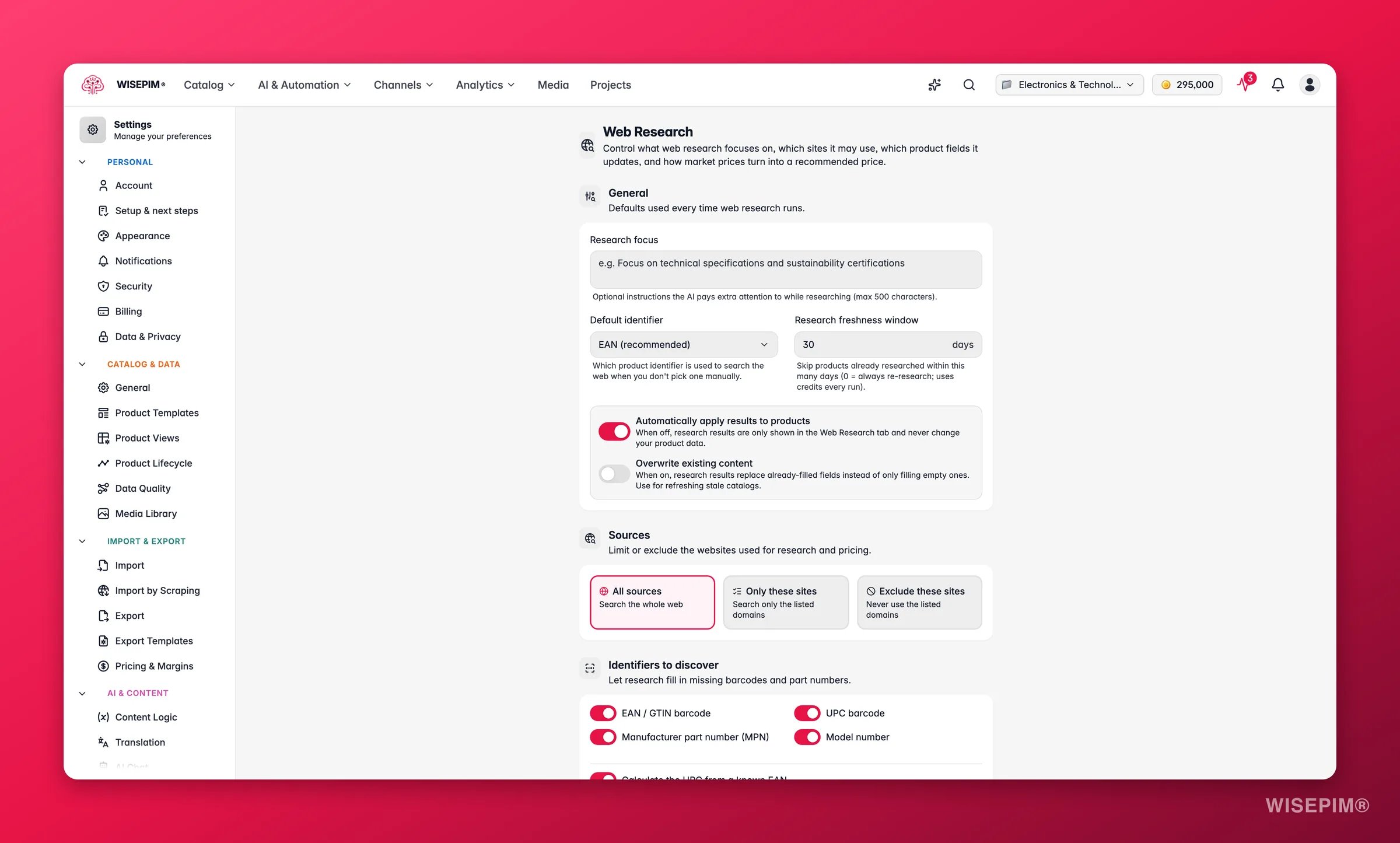 WISEPIM web research settings - research focus, allowed sources, fields to update and pricing strategy