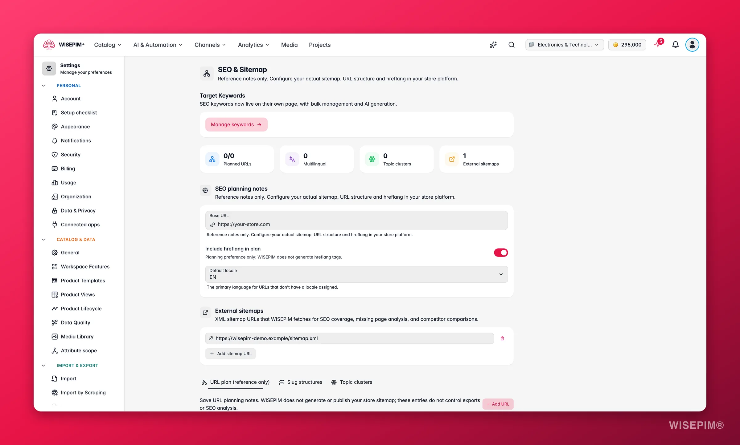 WISEPIM SEO defaults for titles, meta and structured data