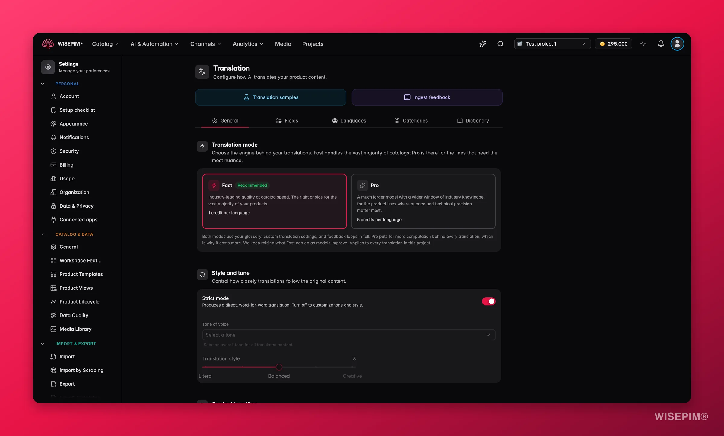 WISEPIM translation settings with tone, fields and language controls