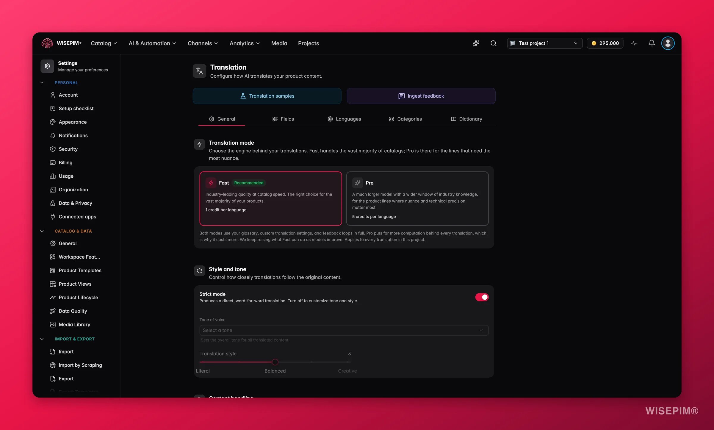WISEPIM translation settings with tone, fields and language controls