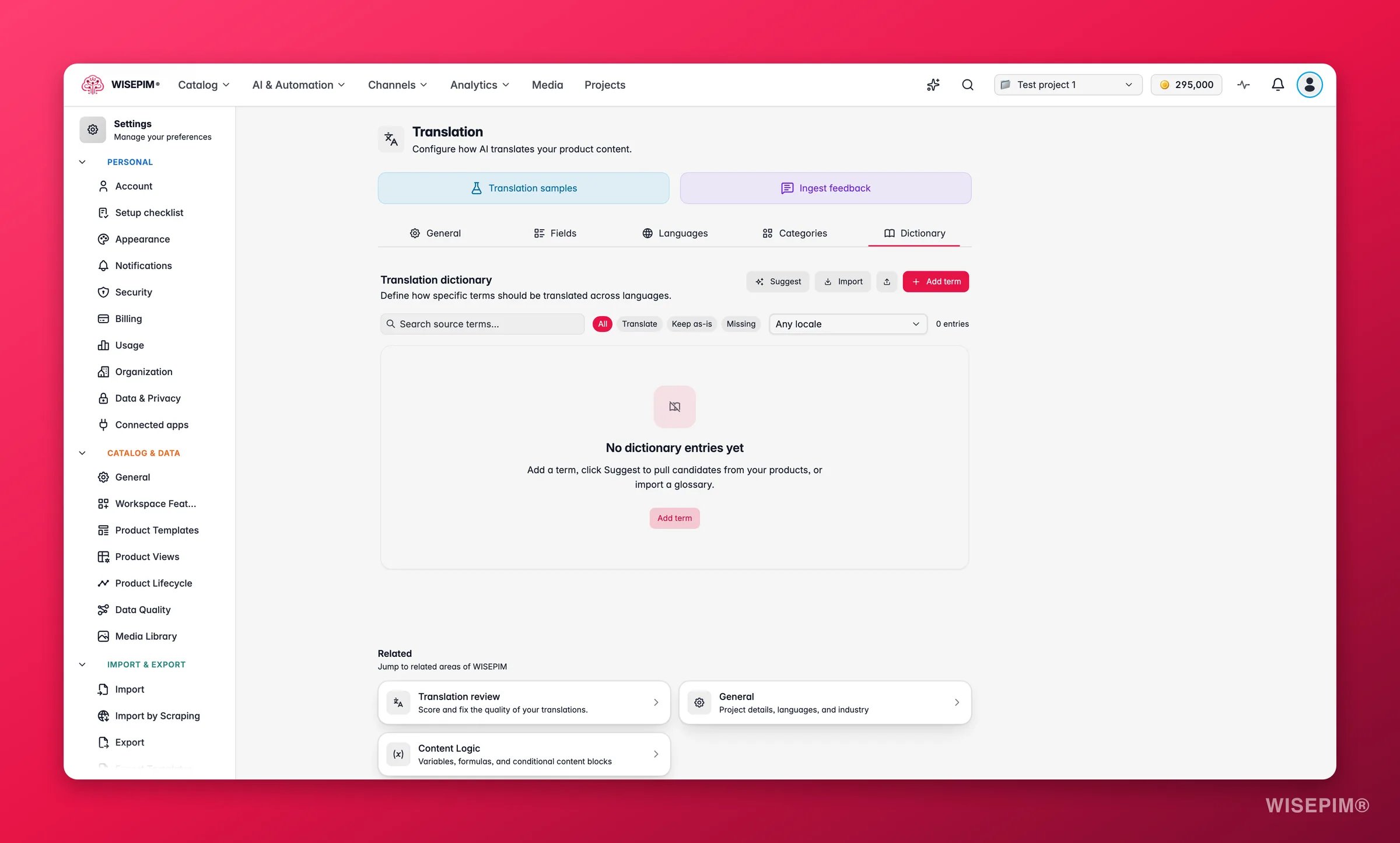 WISEPIM translation dictionary with multilingual term mappings and do-not-translate brand terms