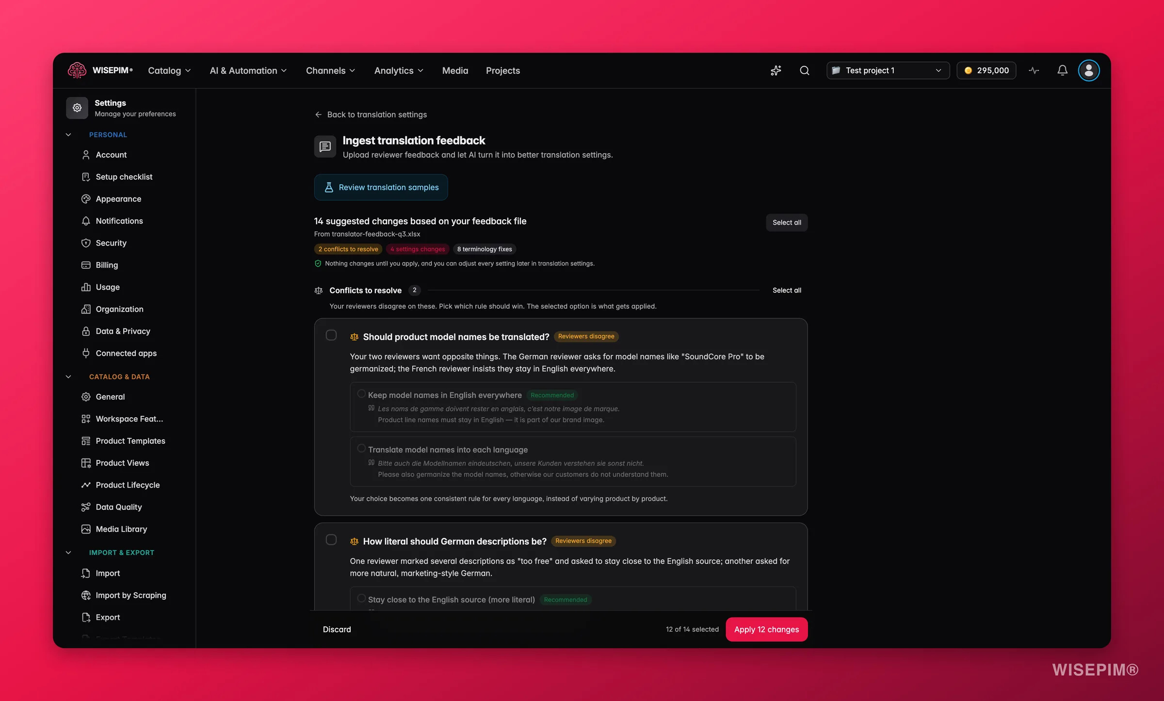 WISEPIM-Übersetzungsfeedback-Prüfung mit zu klärenden Reviewer-Konflikten, erklärten Einstellungsänderungen und gesammelten Terminologie-Korrekturen