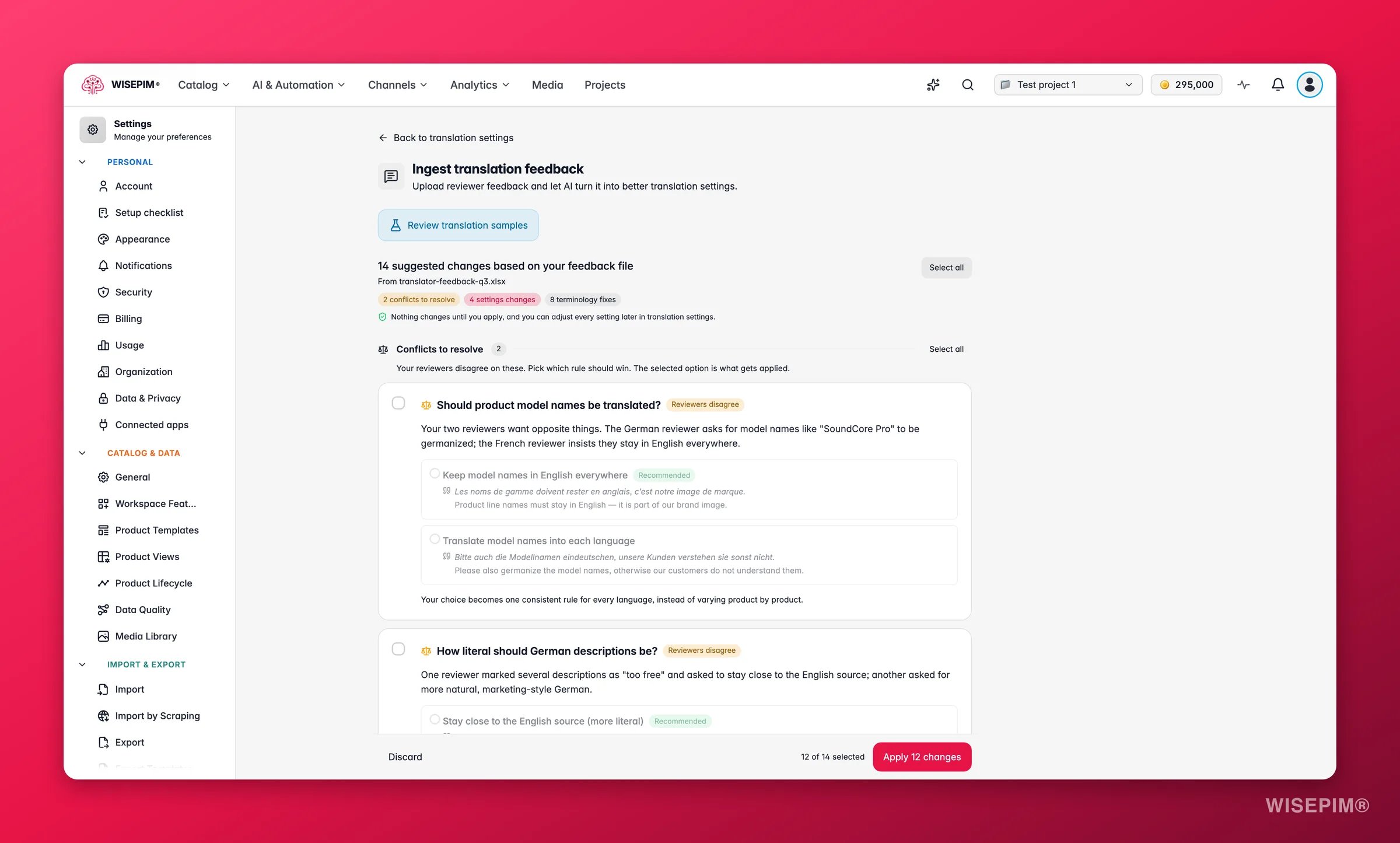 WISEPIM-Übersetzungsfeedback-Prüfung mit zu klärenden Reviewer-Konflikten, erklärten Einstellungsänderungen und gesammelten Terminologie-Korrekturen