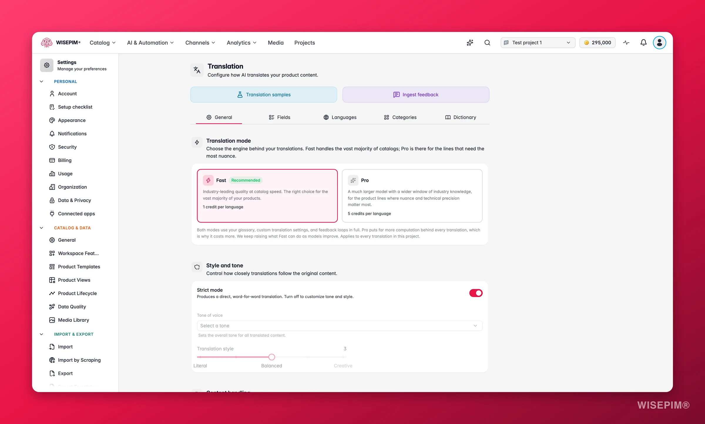 WISEPIM translation settings with tone, fields and language controls