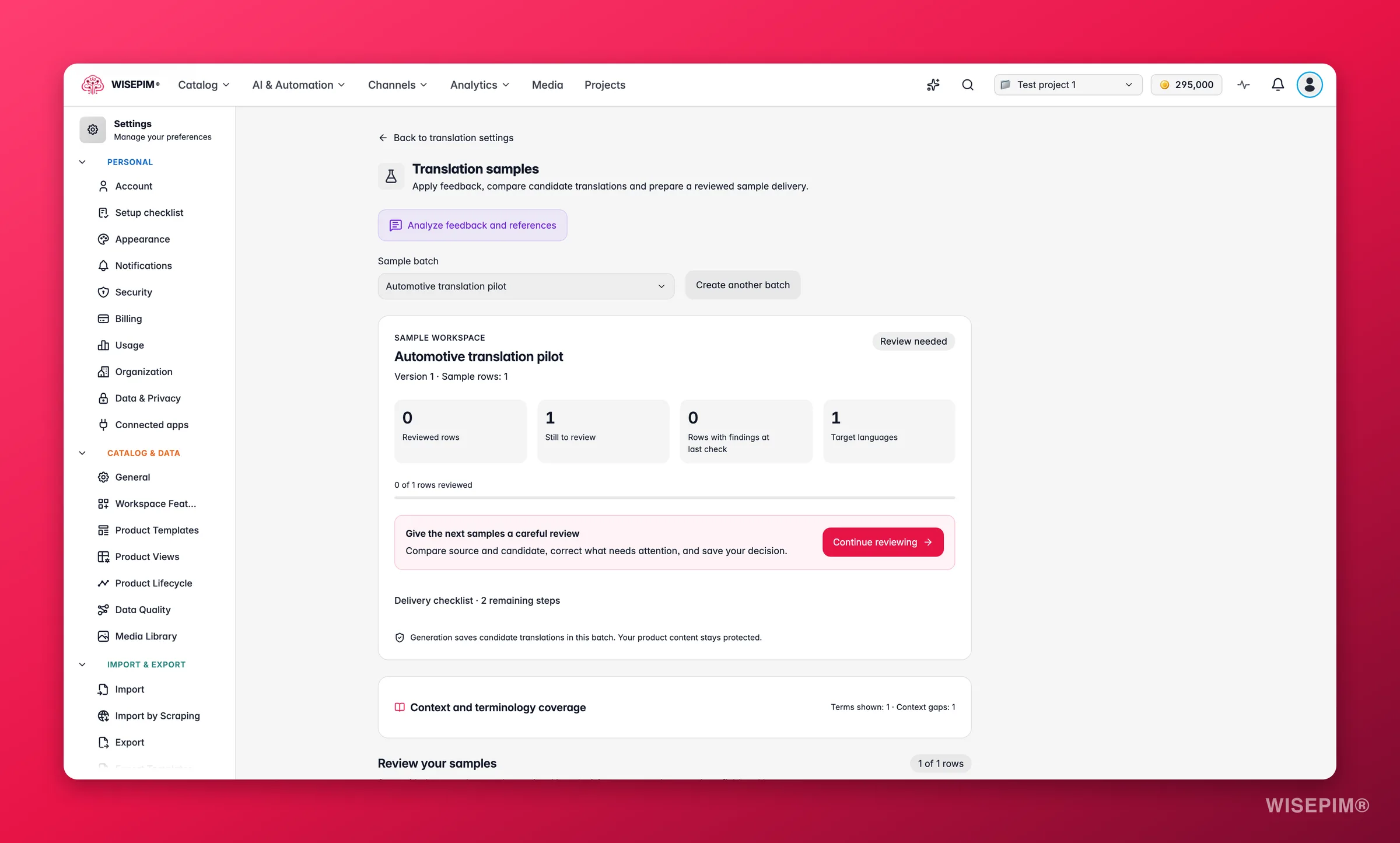 Arbeitsbereich Übersetzungsbeispiele mit einem Beispielstapel, Kacheln zum Prüffortschritt, dem nächsten Prüfschritt und dem Bereich Kontext- und Terminologieabdeckung