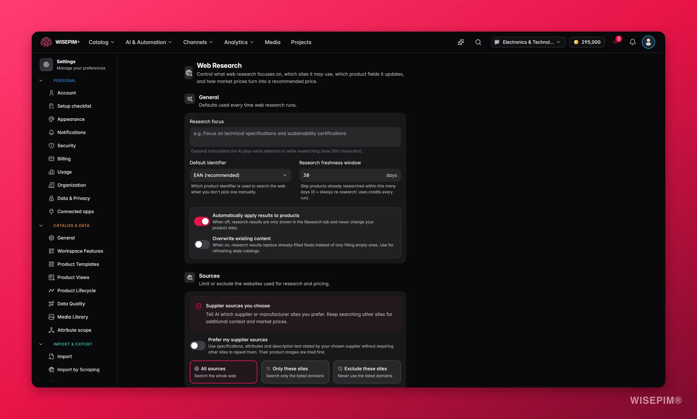 WISEPIM-Seite mit den Web-Recherche-Einstellungen, den Bereichen Allgemein und Quellen, darunter Lieferantenquellen deiner Wahl und der Schalter Meine Lieferantenquellen bevorzugen