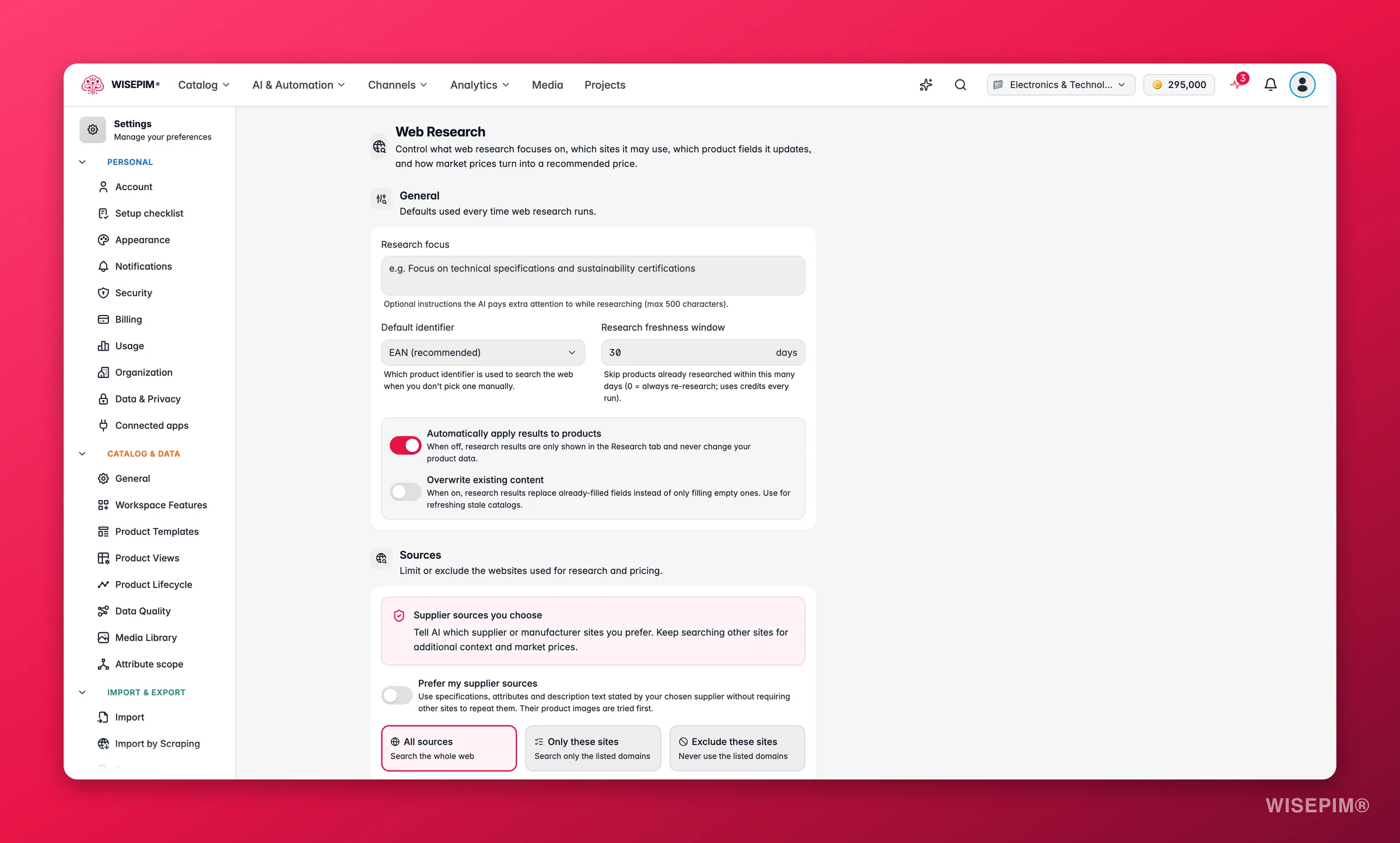 WISEPIM-Seite mit den Web-Recherche-Einstellungen, den Bereichen Allgemein und Quellen, darunter Lieferantenquellen deiner Wahl und der Schalter Meine Lieferantenquellen bevorzugen