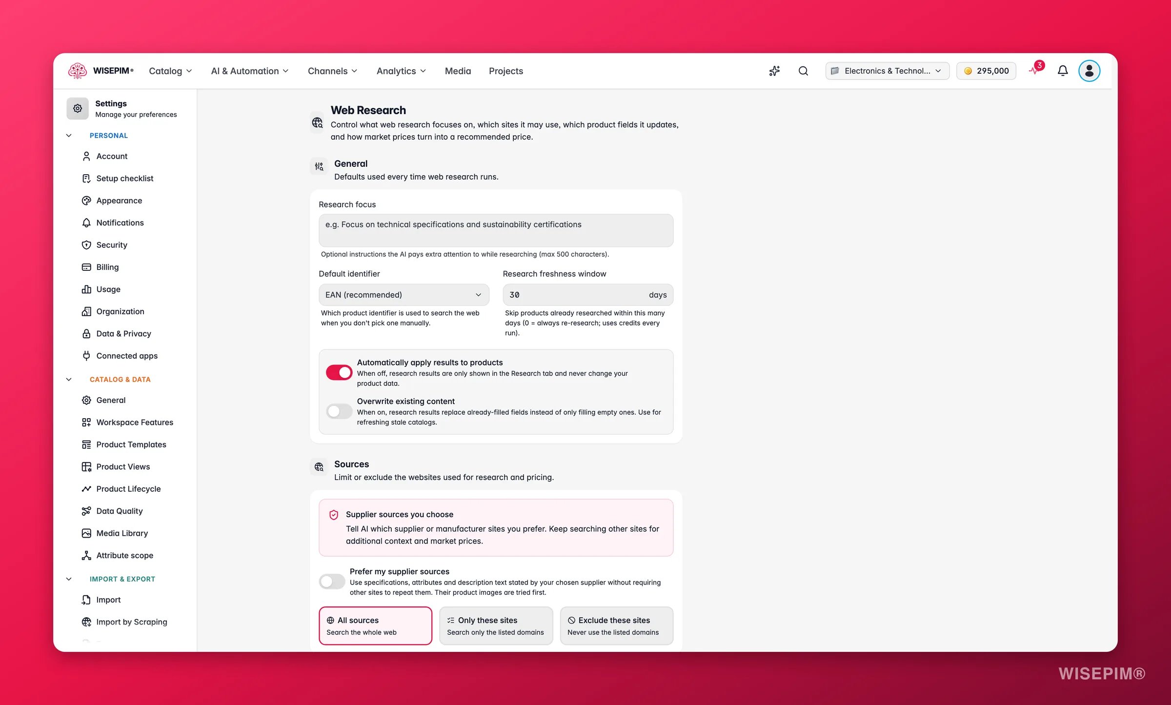WISEPIM-Seite mit den Web-Recherche-Einstellungen, den Bereichen Allgemein und Quellen, darunter Lieferantenquellen deiner Wahl und der Schalter Meine Lieferantenquellen bevorzugen