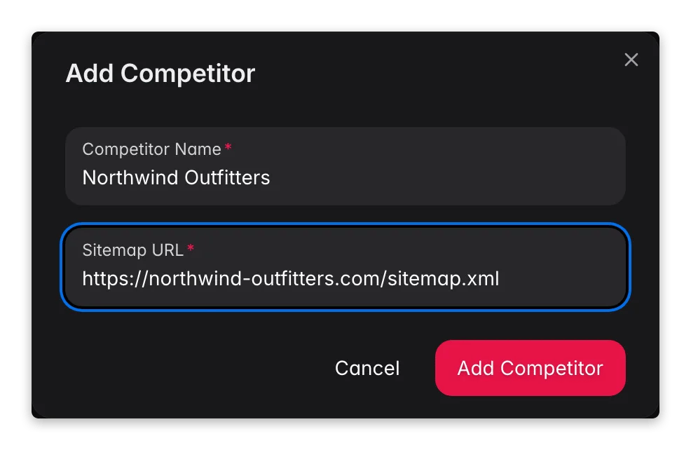 WISEPIM SEO add-competitor modal tracking a rival store by its sitemap URL