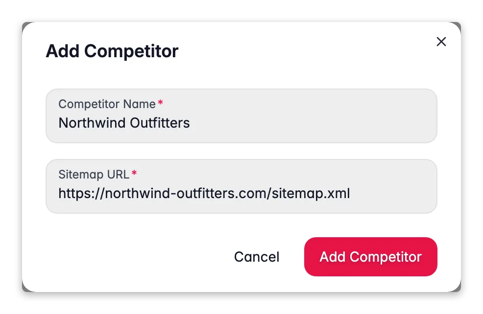 WISEPIM SEO add-competitor modal tracking a rival store by its sitemap URL