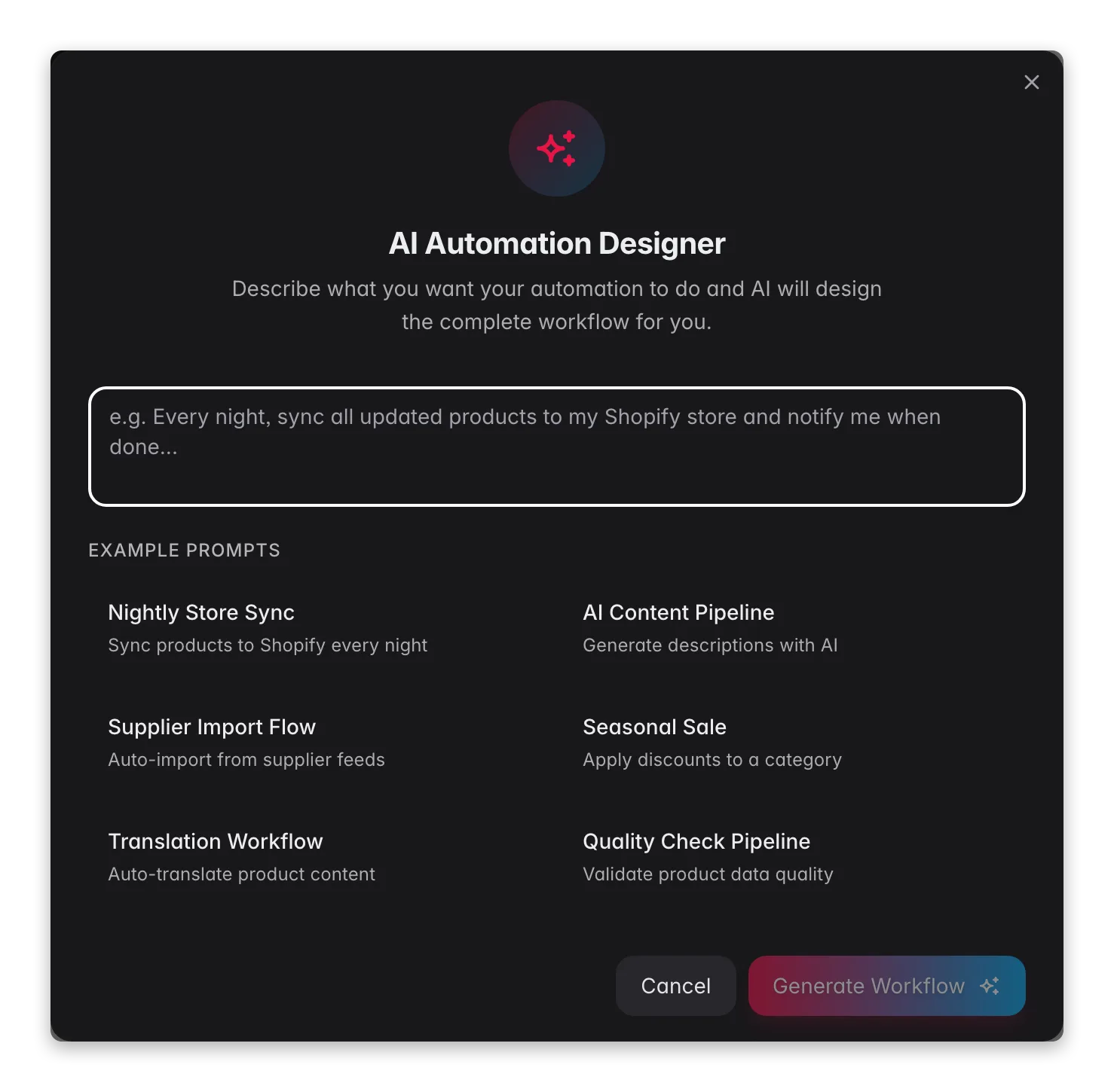 WISEPIM automation AI Designer describing a workflow in plain language with example prompts