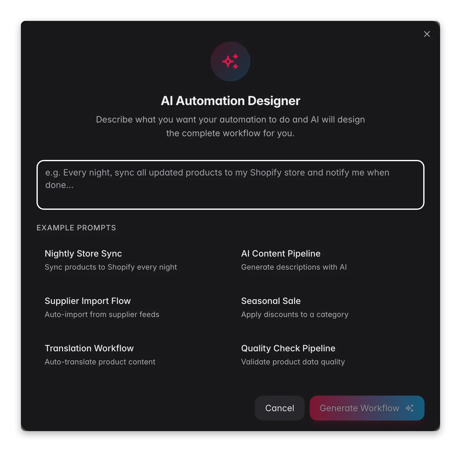 WISEPIM automation AI Designer describing a workflow in plain language with example prompts