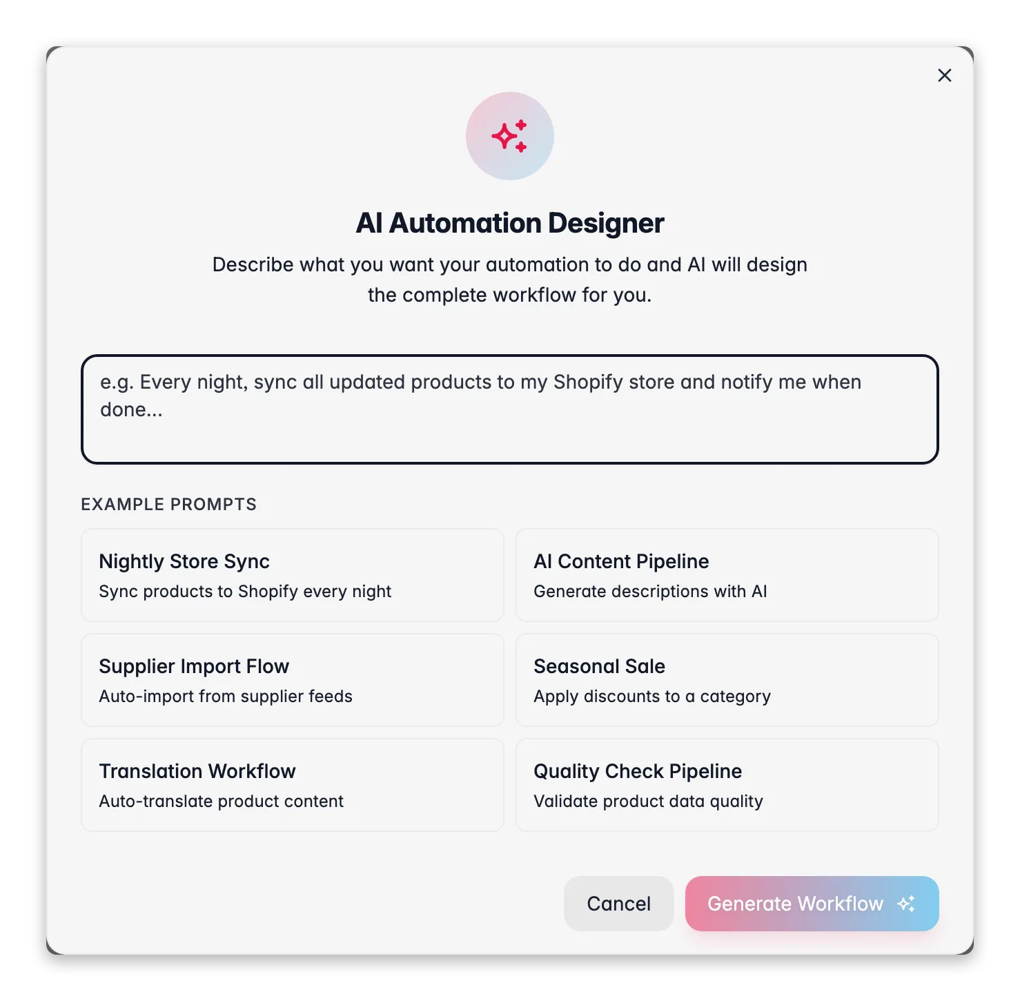 WISEPIM automation AI Designer describing a workflow in plain language with example prompts