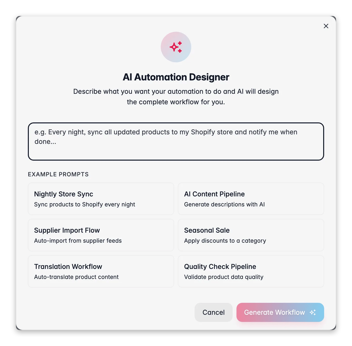 WISEPIM automation AI Designer describing a workflow in plain language with example prompts