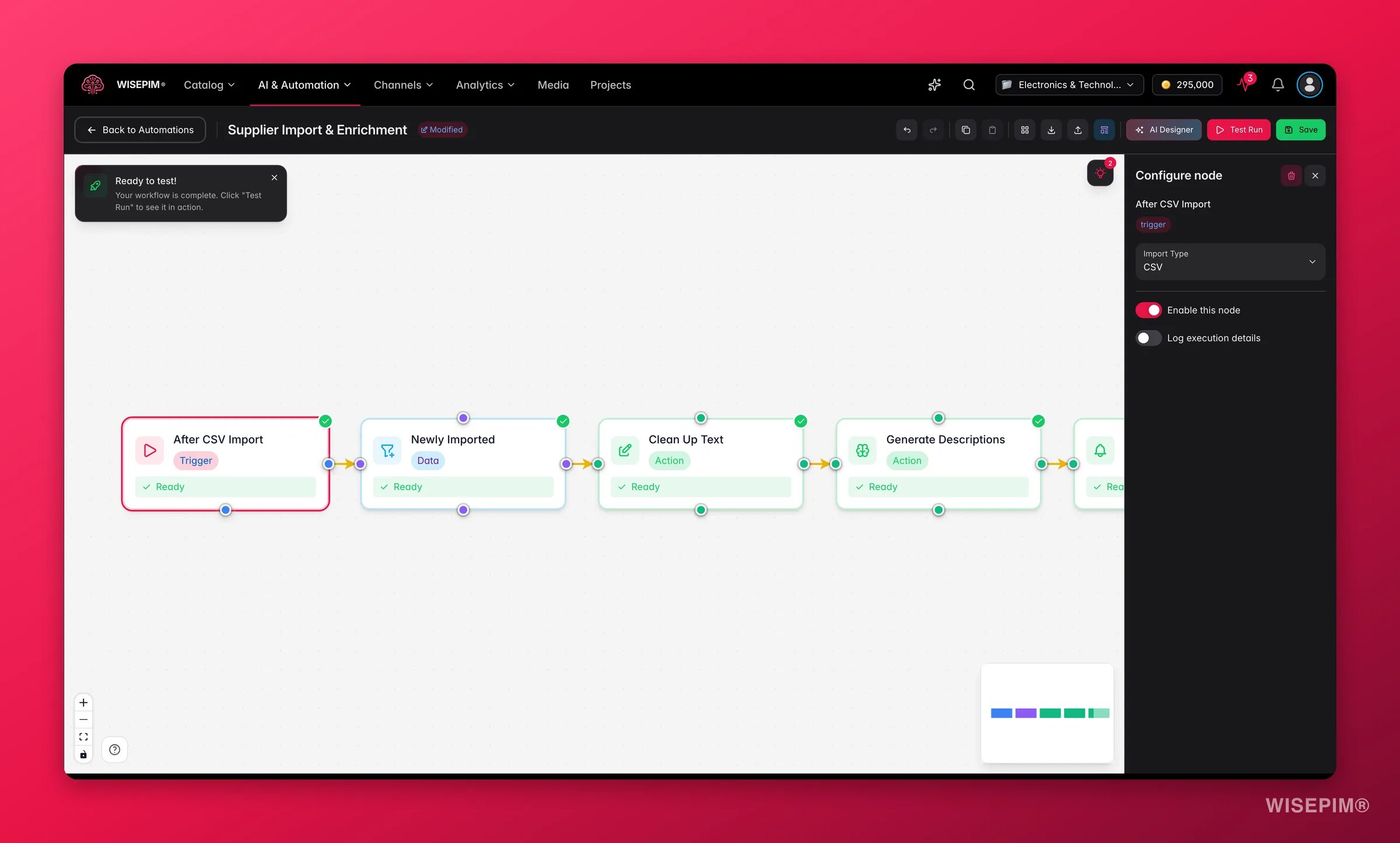 WISEPIM automation - after-import trigger node config in the builder