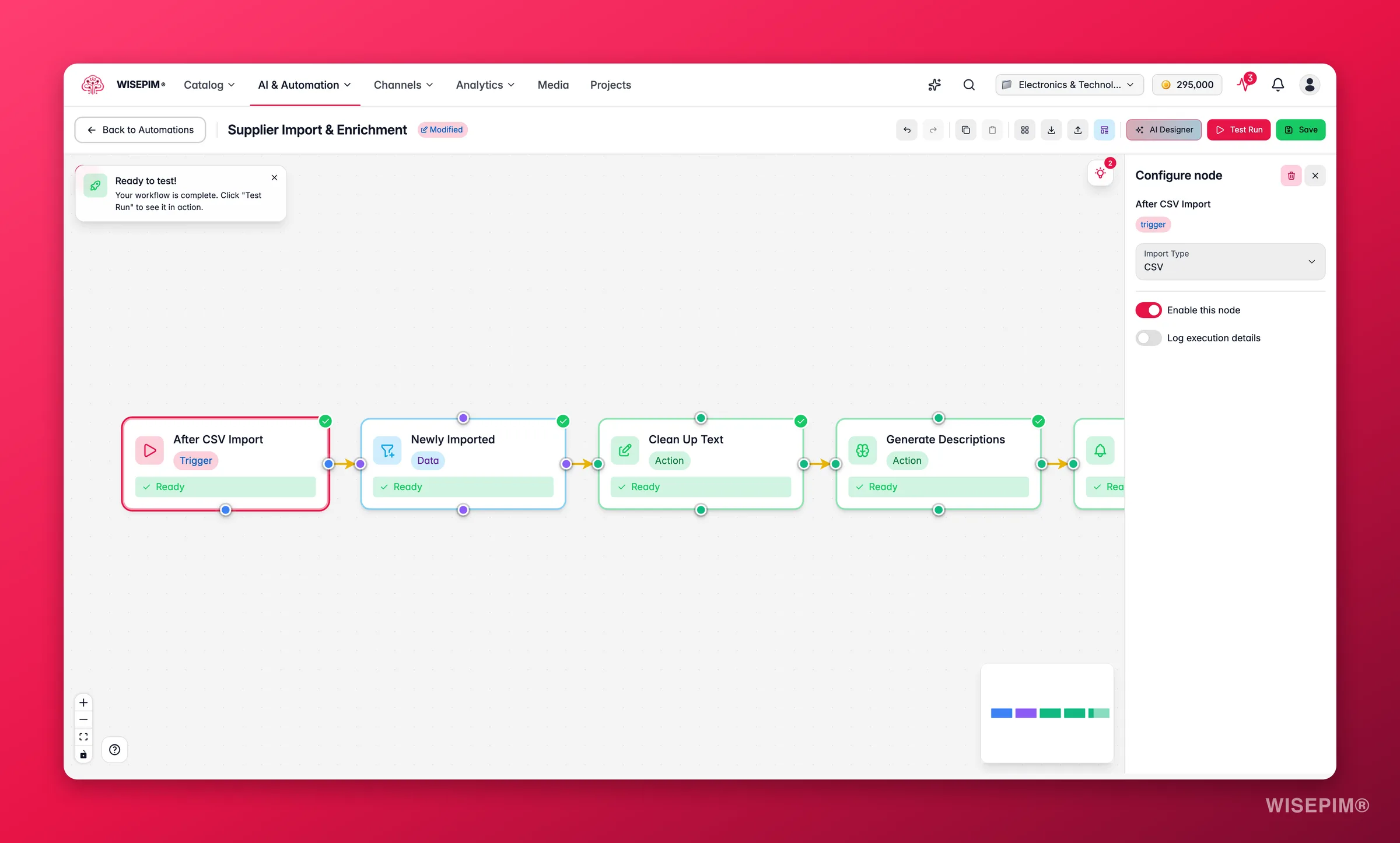 WISEPIM automation - after-import trigger node config in the builder