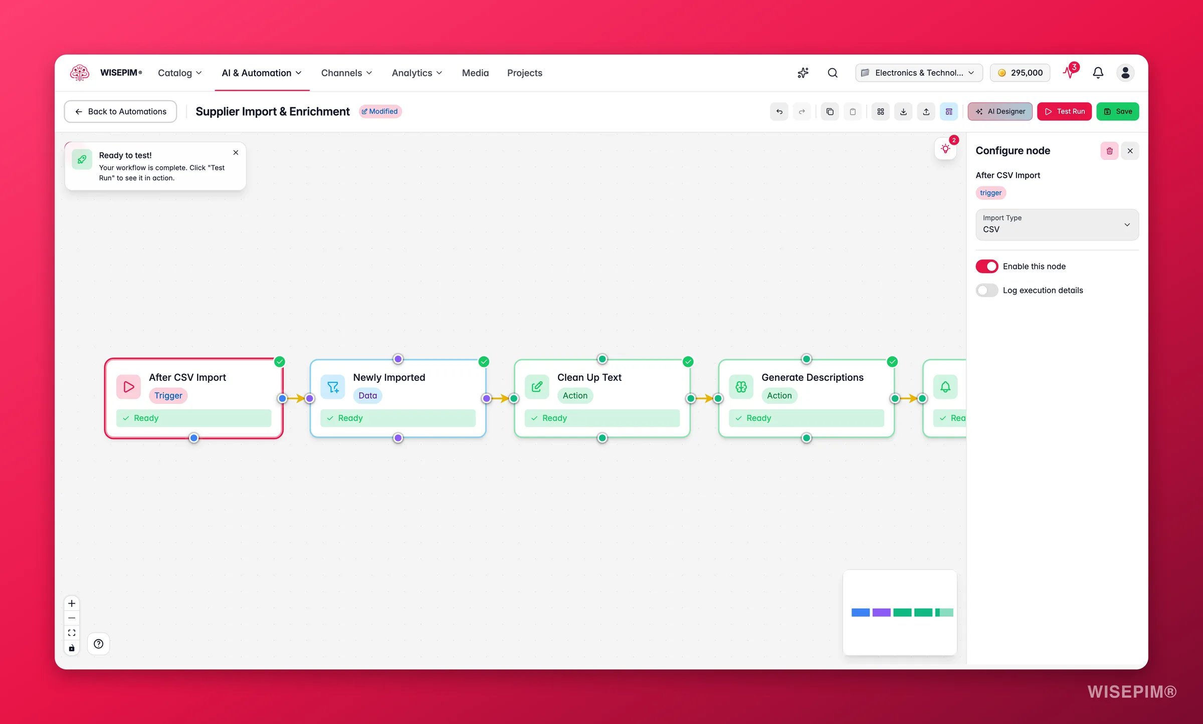 WISEPIM automation - after-import trigger node config in the builder