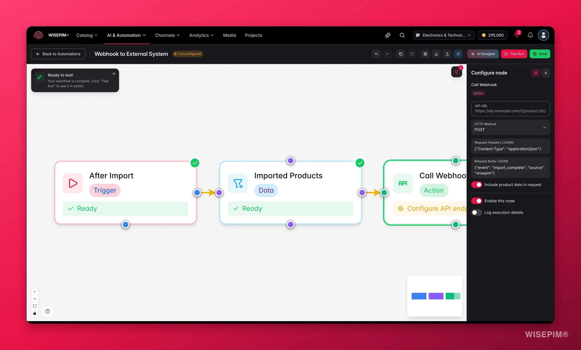 WISEPIM automation - API/webhook node config (URL, method, headers, body) in the builder