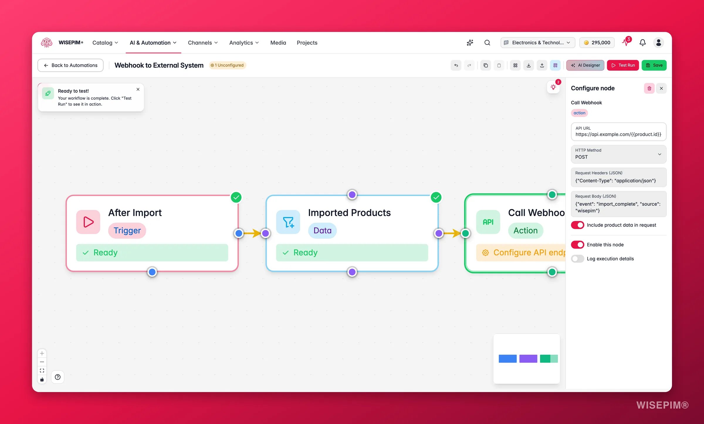 WISEPIM automation - API/webhook node config (URL, method, headers, body) in the builder
