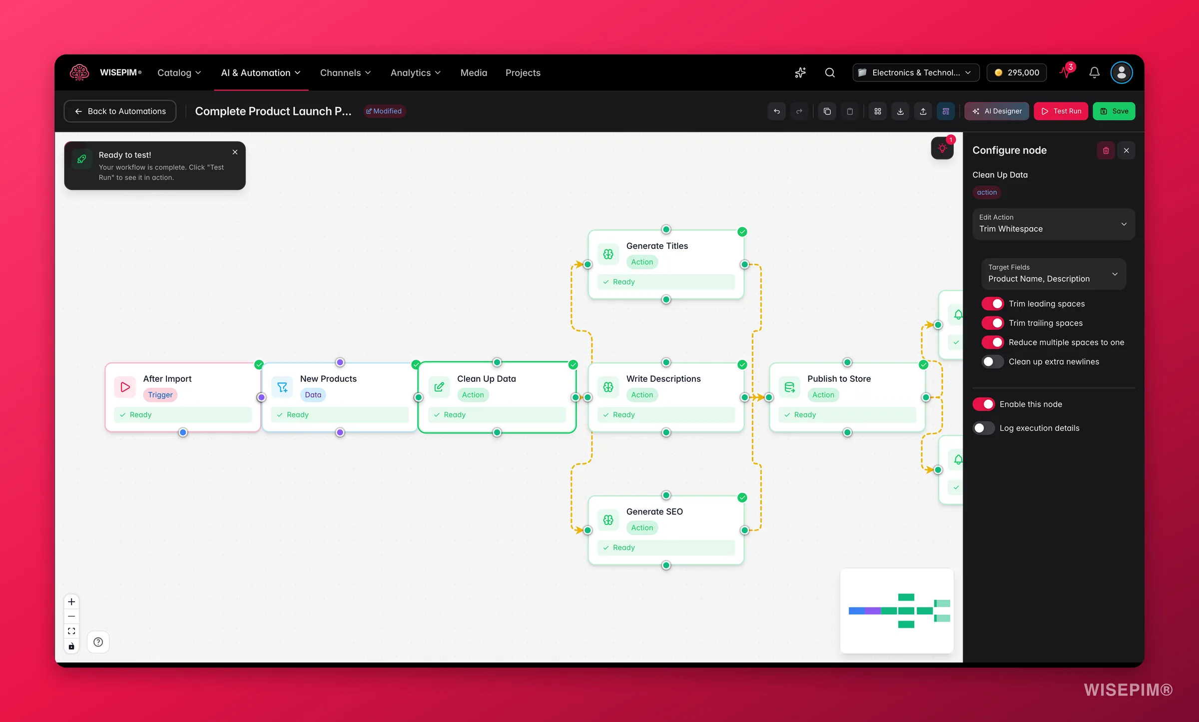 WISEPIM automation, bulk-edit node config (operation + target fields) in the builder