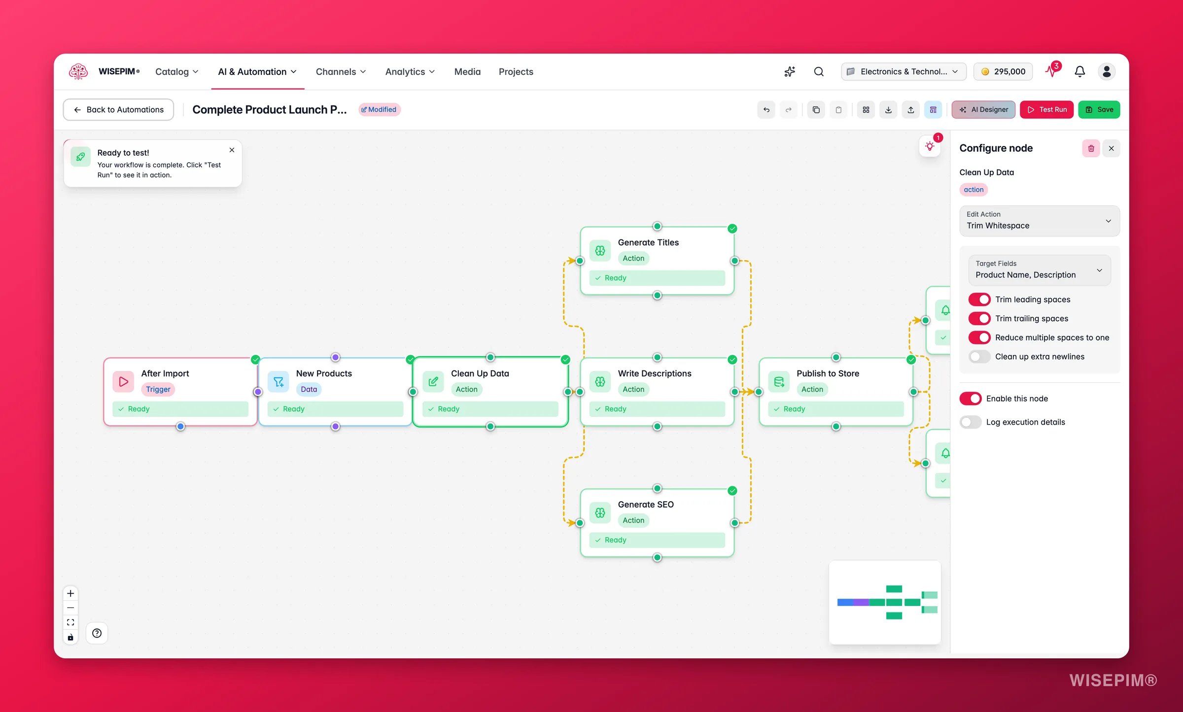 WISEPIM automation, bulk-edit node config (operation + target fields) in the builder