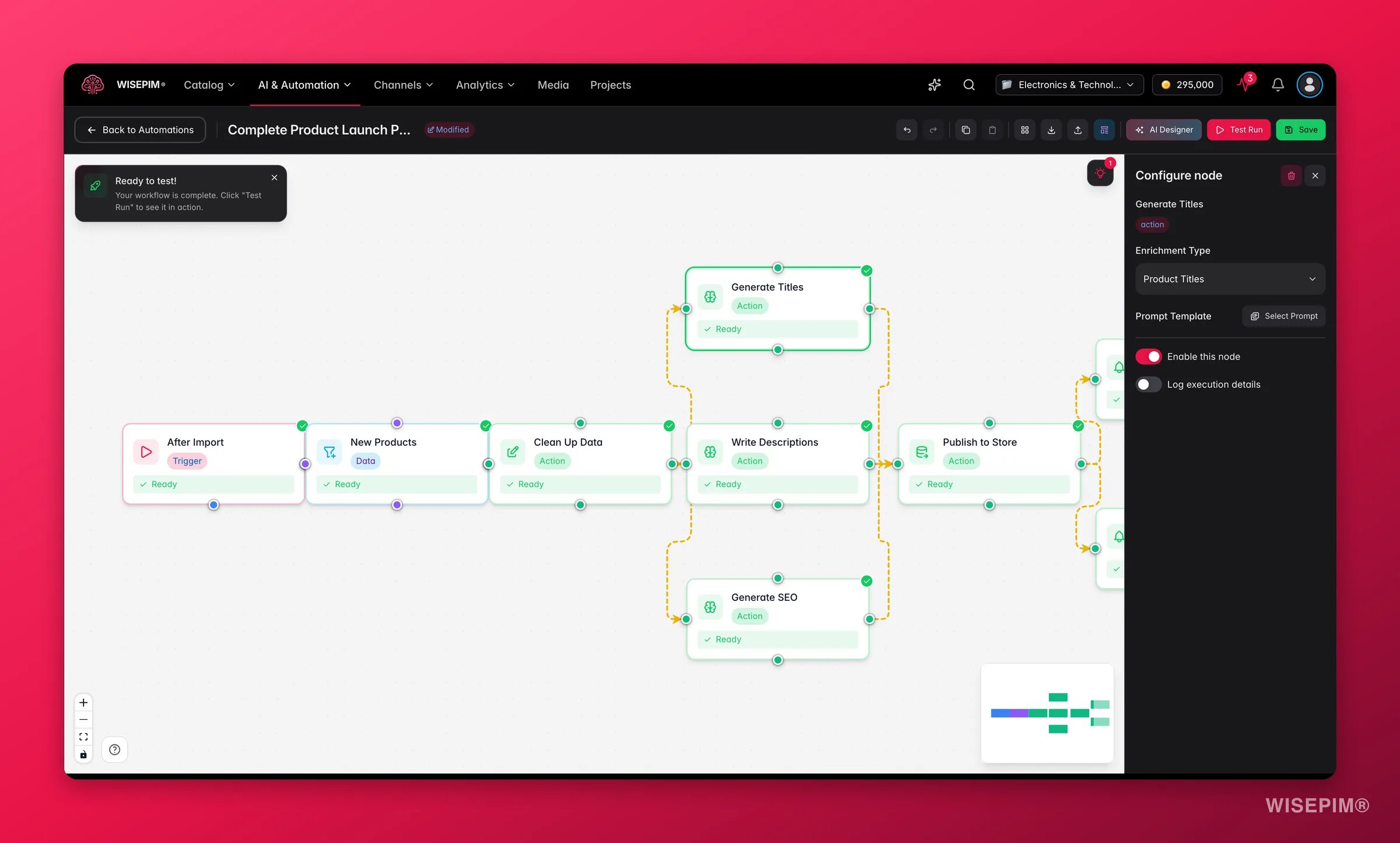 WISEPIM automation, AI enrichment node config (enrichment type + prompt) in the builder