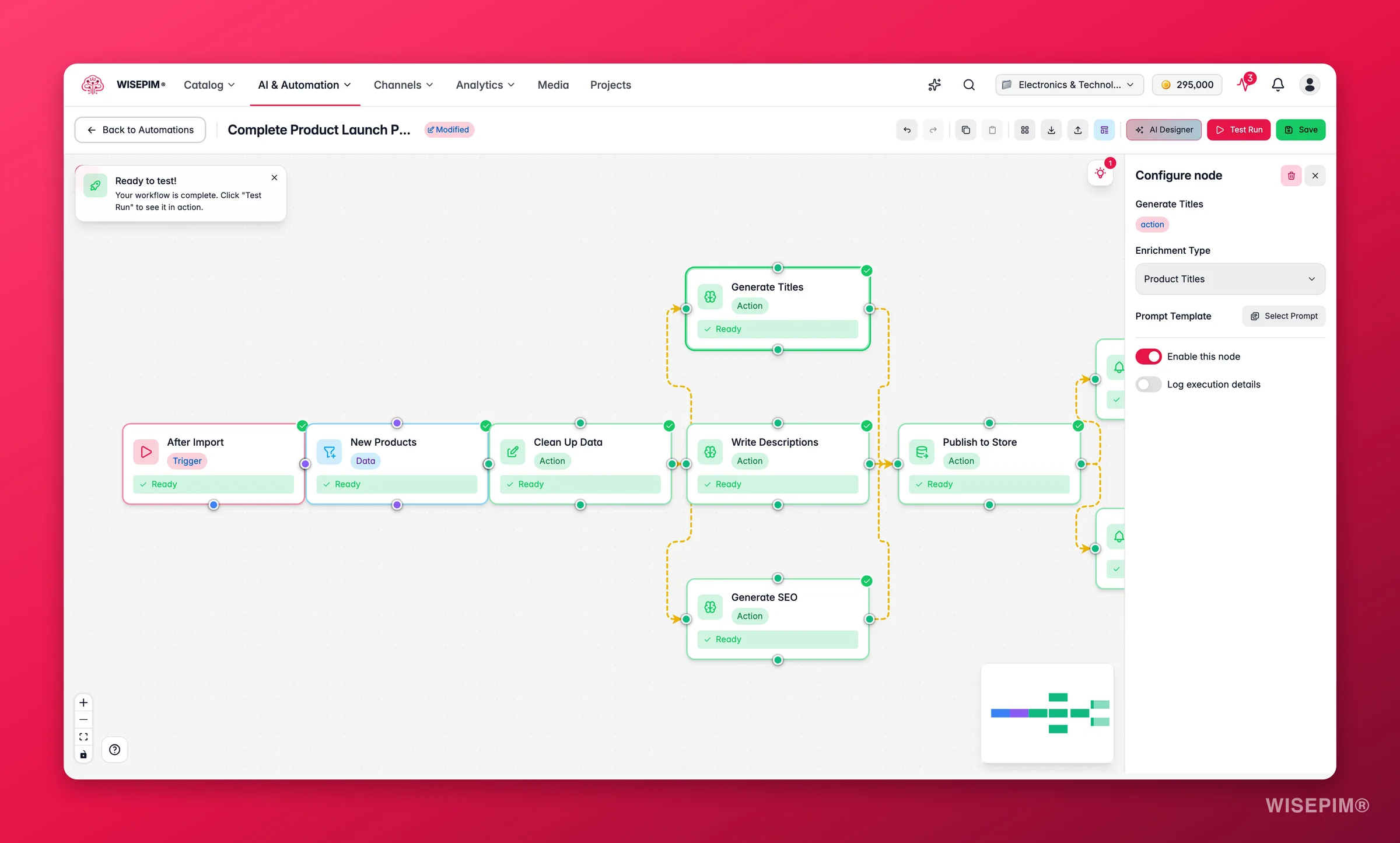 WISEPIM automation, AI enrichment node config (enrichment type + prompt) in the builder