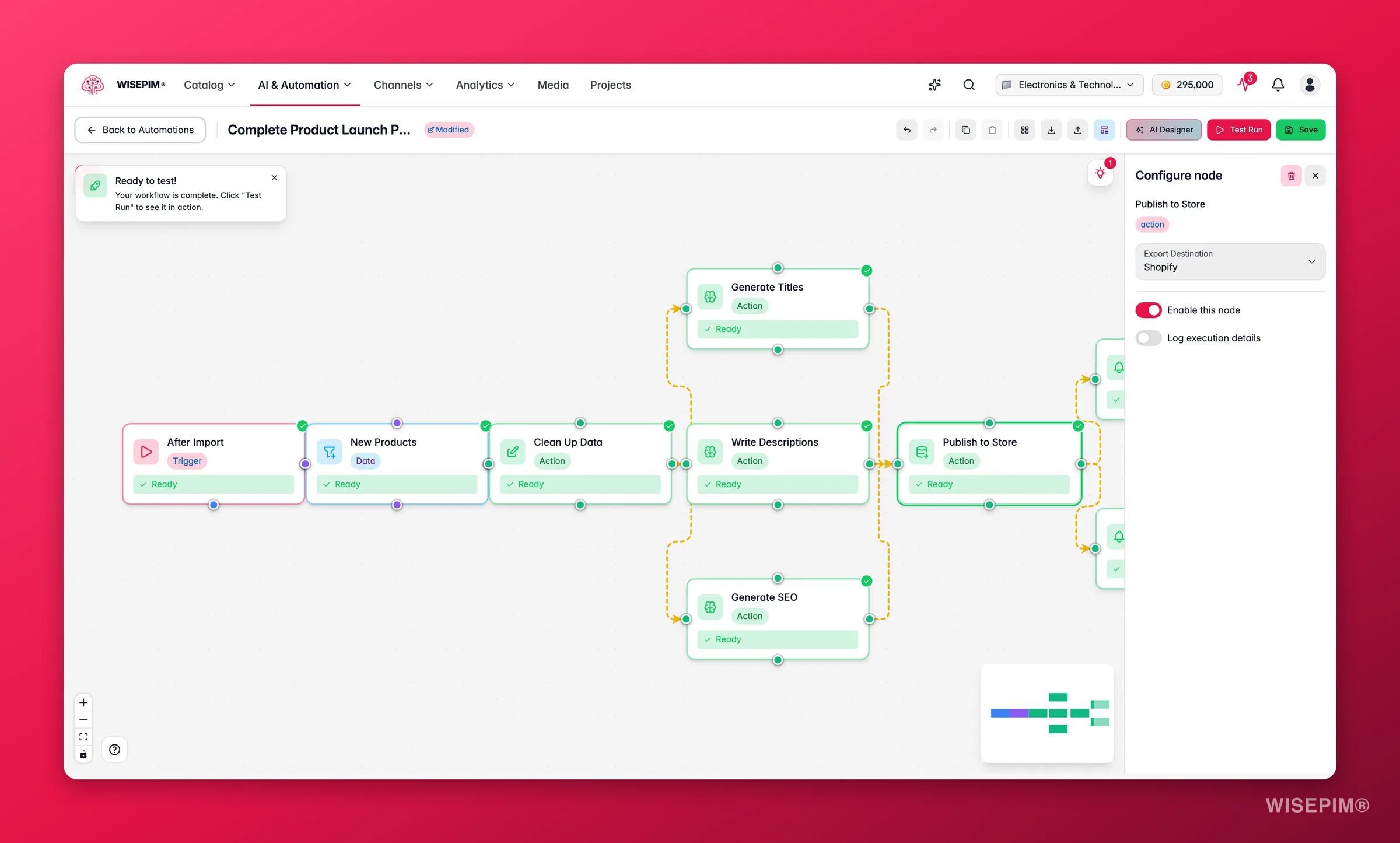 WISEPIM automation - export/publish node config (destination + format) in the builder