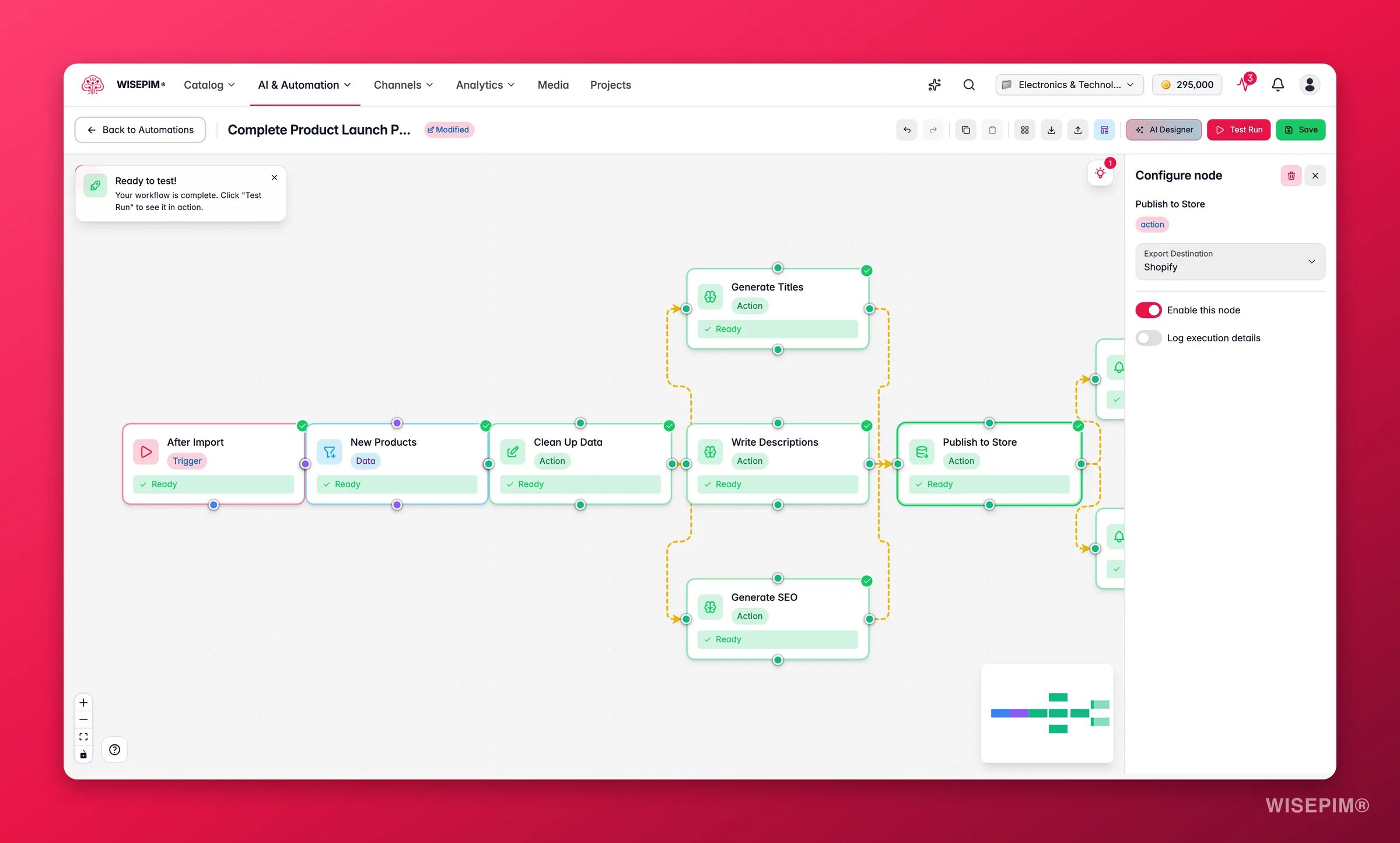 WISEPIM automation - export/publish node config (destination + format) in the builder